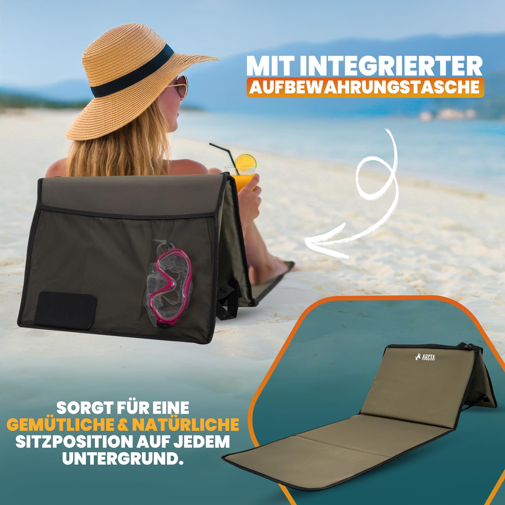 ARCTA® Campingliege faltbar leicht – Strandliege klappbar mit Rückenlehne – Ergonomische Camping Liege, Feldbett & Strandmatte – Reisebett Erwachsene, Campingbett für Outdoor & Strand