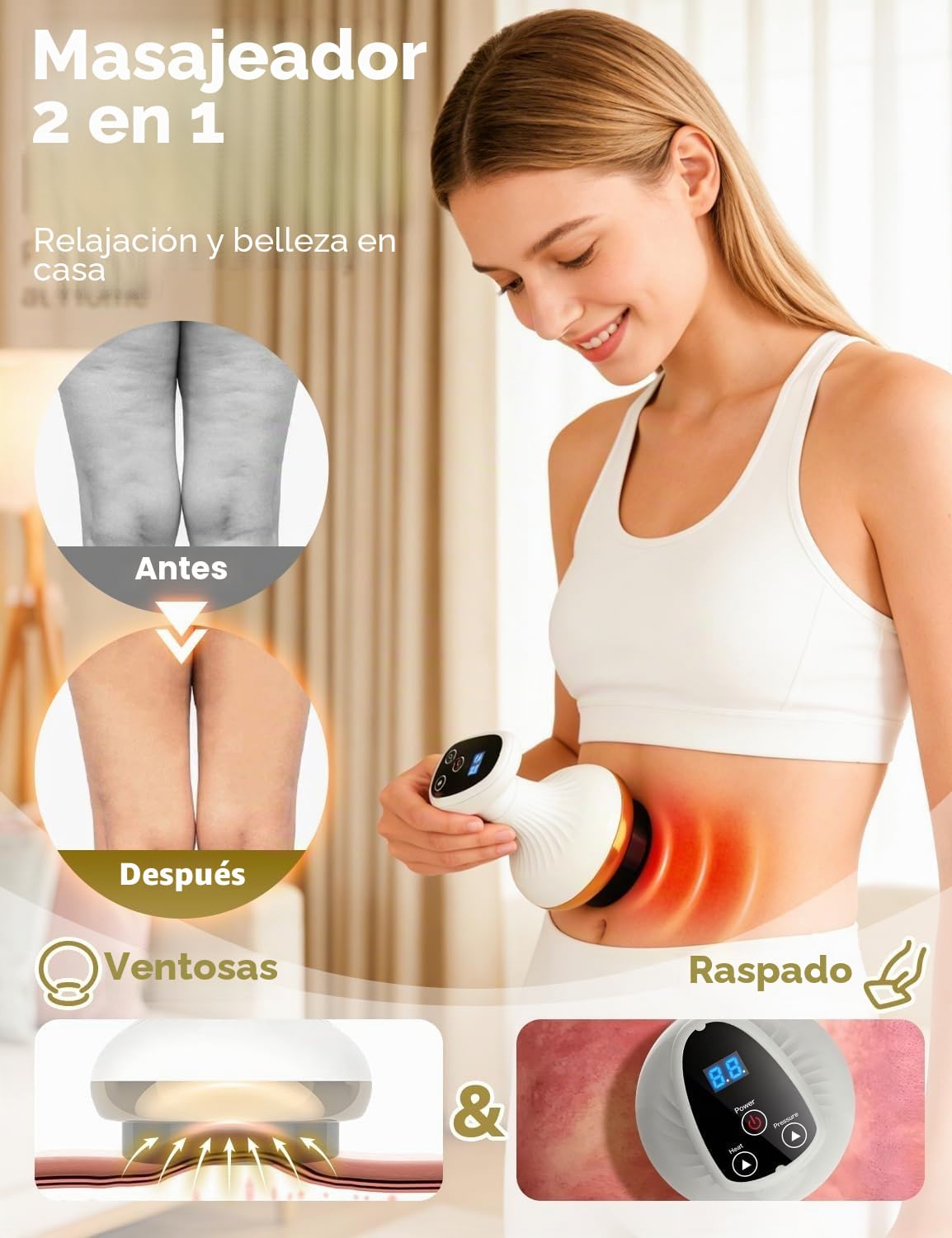 4 En 1 Máquina Celulitis, Masajeador Anticelulítico con Luz Roja y Calor, Reduce la Apariencia de Celulitis, Piel Más Firme, Para Muslos, Abdomen, Hombros y Manos
