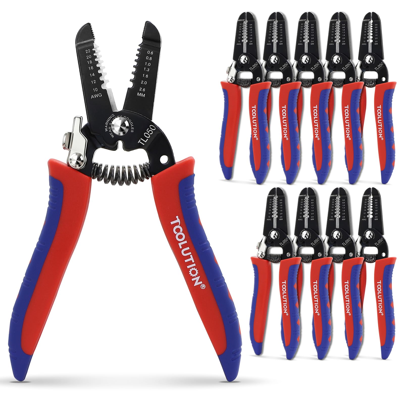 TOOLUTION Small Wire Strippers and Cutters for 10-22 AWG, 10 Pack, Handheld Electrical Wire Stripping Tool Set with Spring-Loaded Pliers and Safety Lock for Low Voltage Wires
