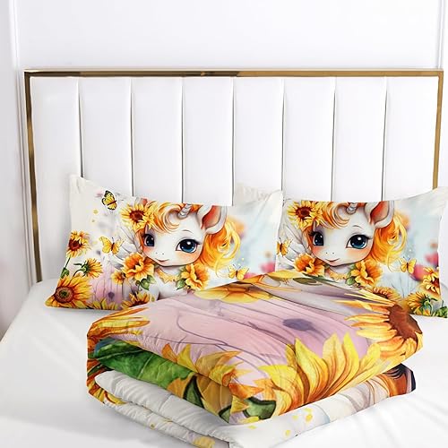 Miniatura 5 de AILONEN Juego de edredón de unicornio tamaño individual, juego de ropa de cama de unicornio con flores amarillas para niñas, edredón de girasoles de