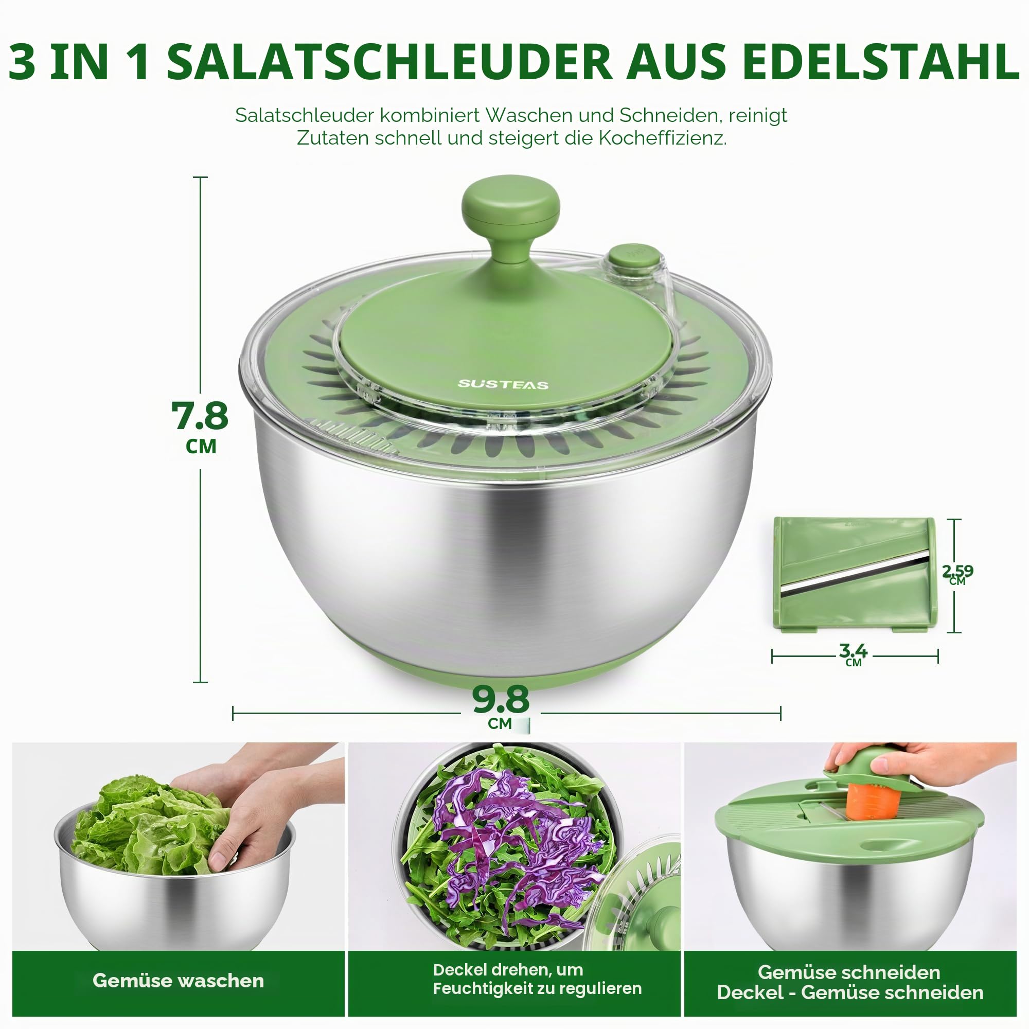 SUSTEAS Salatschleuder Edelstahl mit Schneidefunktion, 4.5L | Salat Schleuder mit Deckel, Salatschüssel mit Abtropfsieb & Eigelbtrenner, Zum Waschen Trocknen & Schneiden von Salat, Gemüse