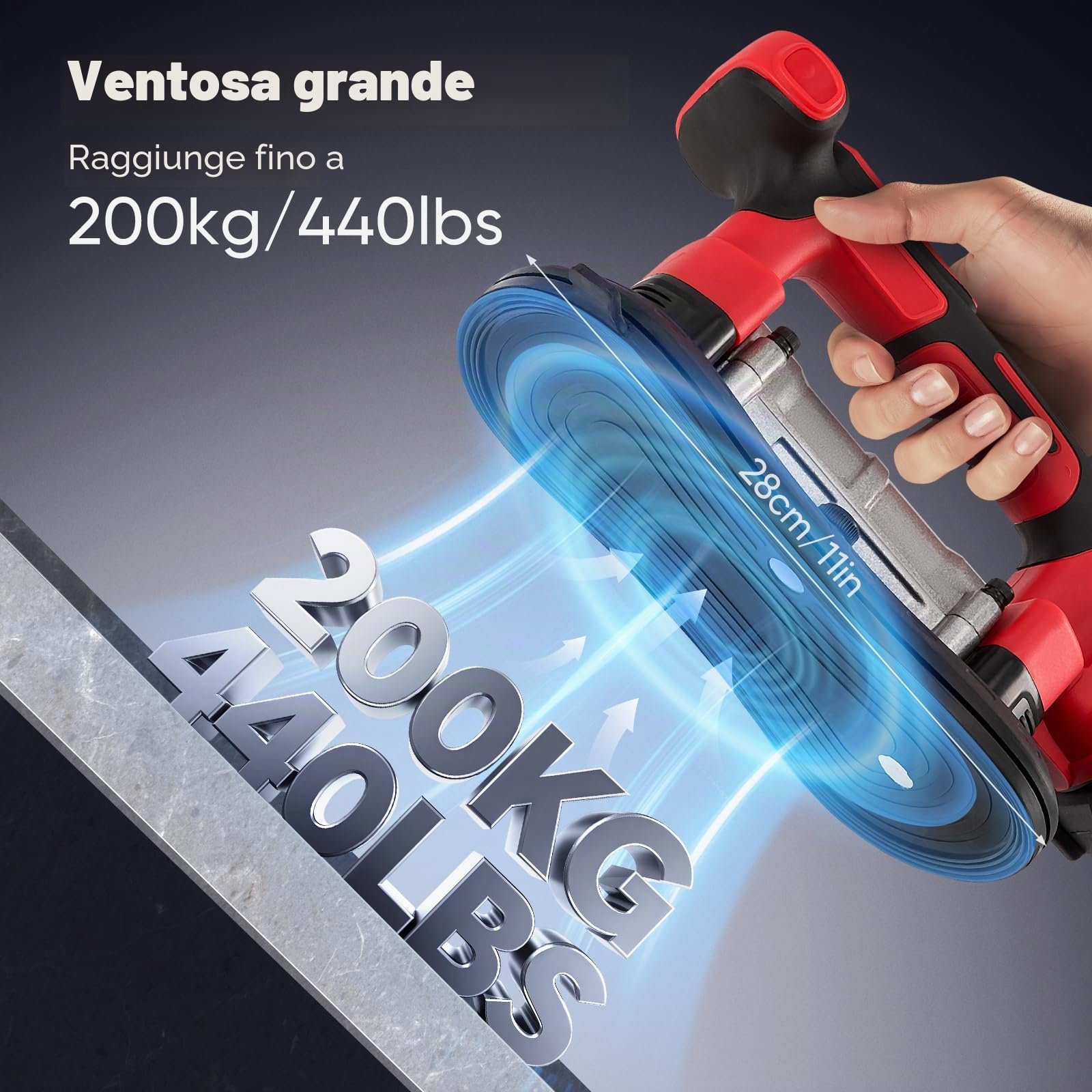 Vibratore per piastrelle e ventose a batteria 2 in 1 con leva, 9 livelli, 285 x 150 mm, ventosa 200 kg, adsorbimento per piastrelle di grandi dimensioni da parete e pavimento