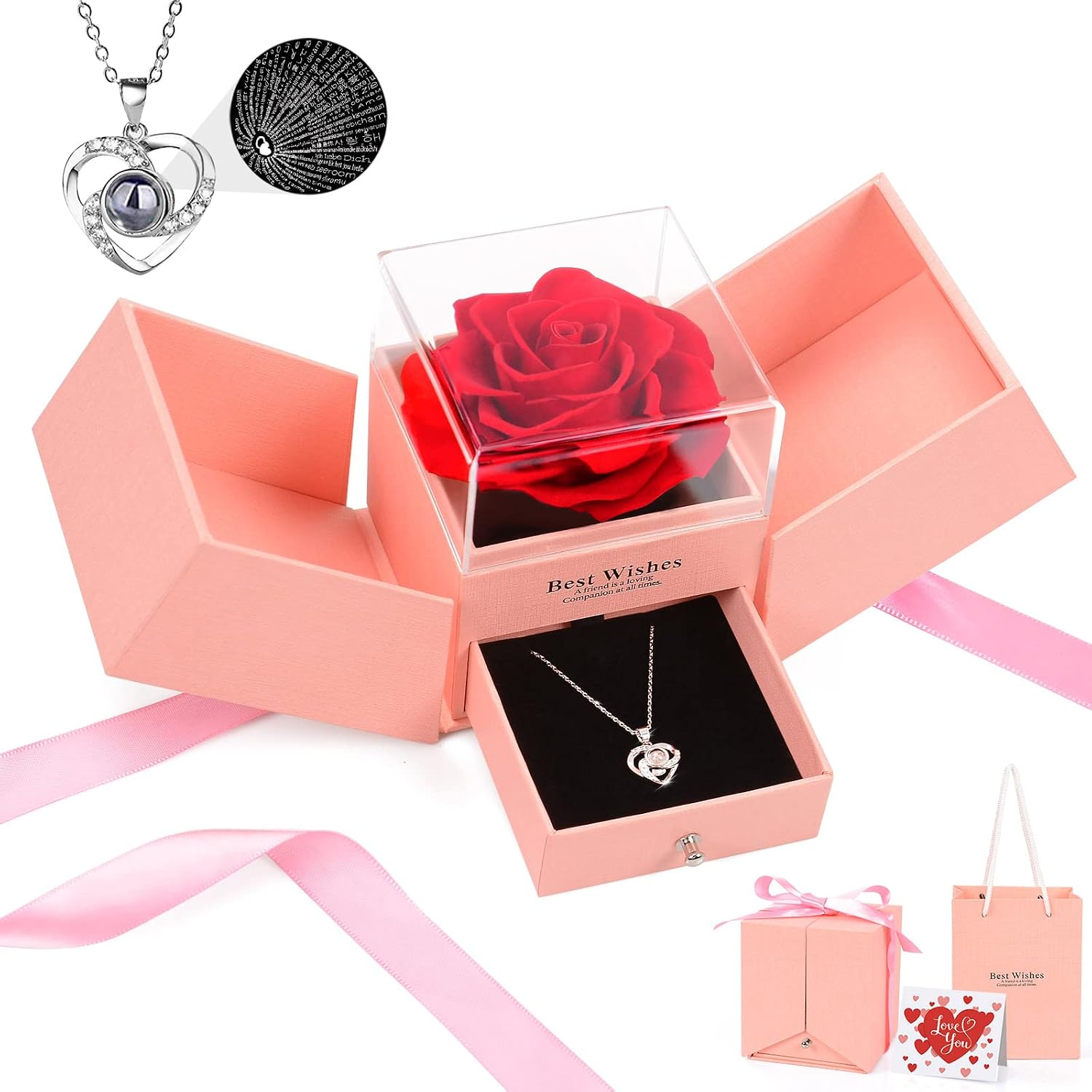 Preserved Rose Gifts for Her Women Mum Girlfriend Wife with I Love You Necklace in 100 Languages, Presents for Birthday Anniversary Valentines Christmas Mothers Day