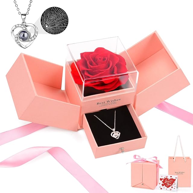 Digi4U Preserved Rose Valentines Gifts for Her Women Mum with I Love You Necklace, Real Rose Birthday Presents for Girlfriend Wife