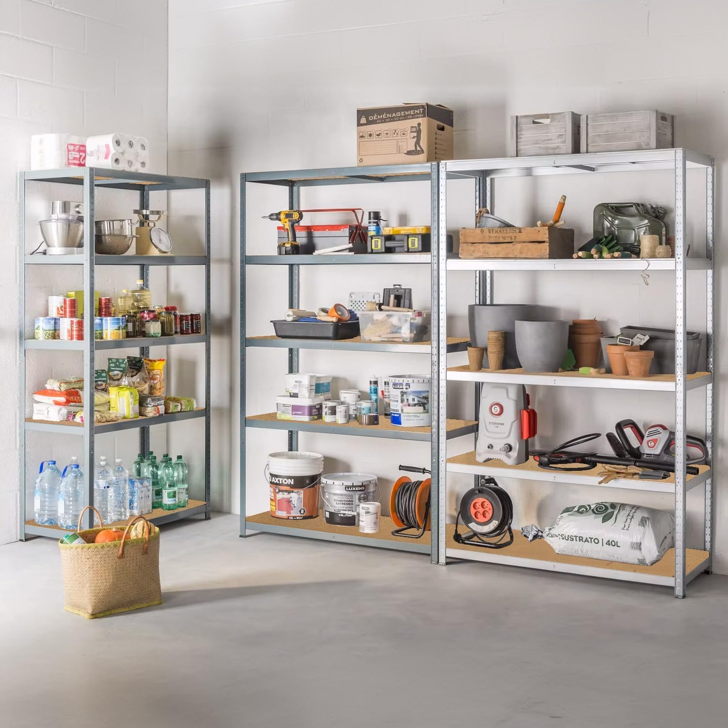 Set di 2 Scaffali in Metallo Zincato e MDF Per Carichi Pesanti Portata 875 kg Con 5 Ripiani Regolabili da 175 kg Per Garage, Magazzini, Cantine 180x90x40 cm