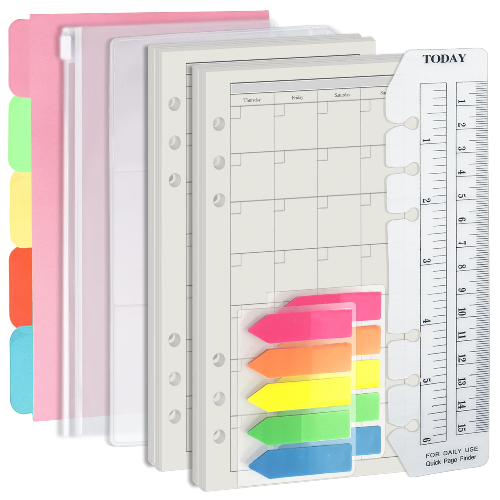 Harphia A6 6 Holes Binder Refill Value Set, 90Sheets Monthly Planner Insert, 5 Sheets Divider Paper, Today ruler With Inch Unit, Translucent Zipper