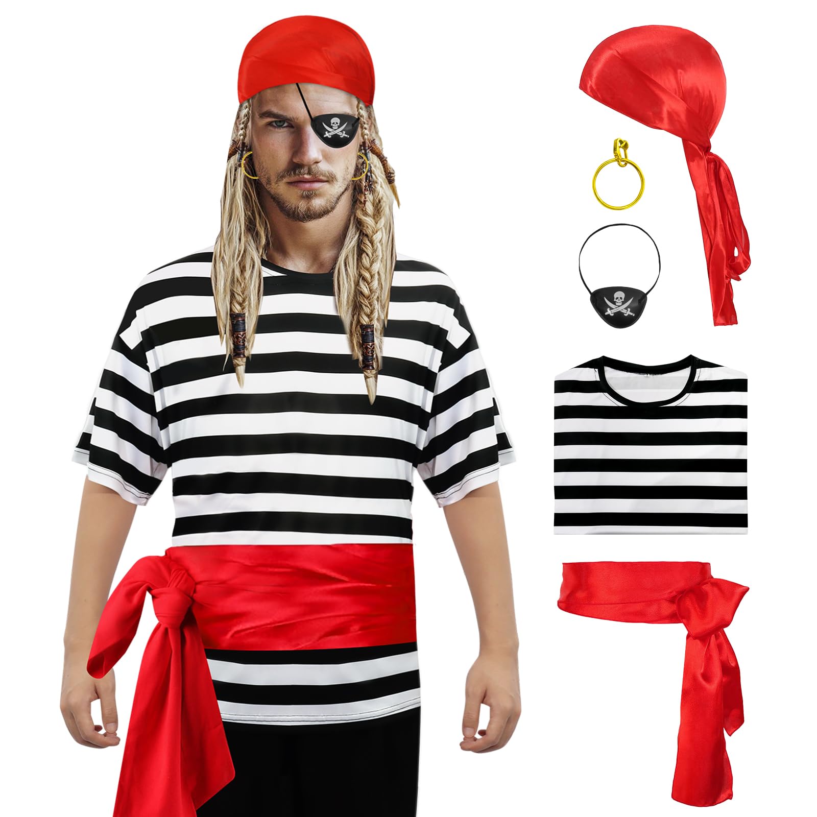 PANMAY 5PCS Pirate Costume Adult Pirate Black White Striped T-Shirt Head Bandanas Belt Waist Eye Mask Halloween Outfit Party Cosplay
