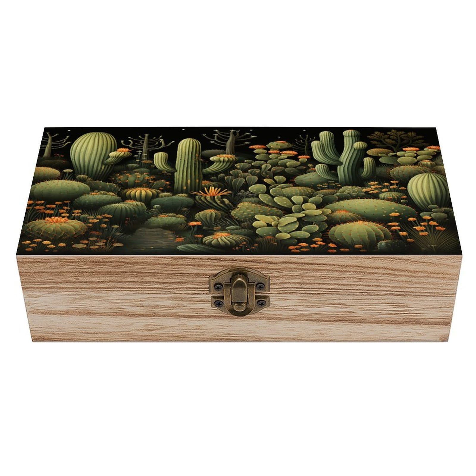FekiLoot Natural Wooden Keepsake Box with Hinged Lid, 8x4 Inch Green Cactus Memory Box, Wood Jewelry Organizer & Trinket Holder, Gift for Men Women Anniversary Wedding