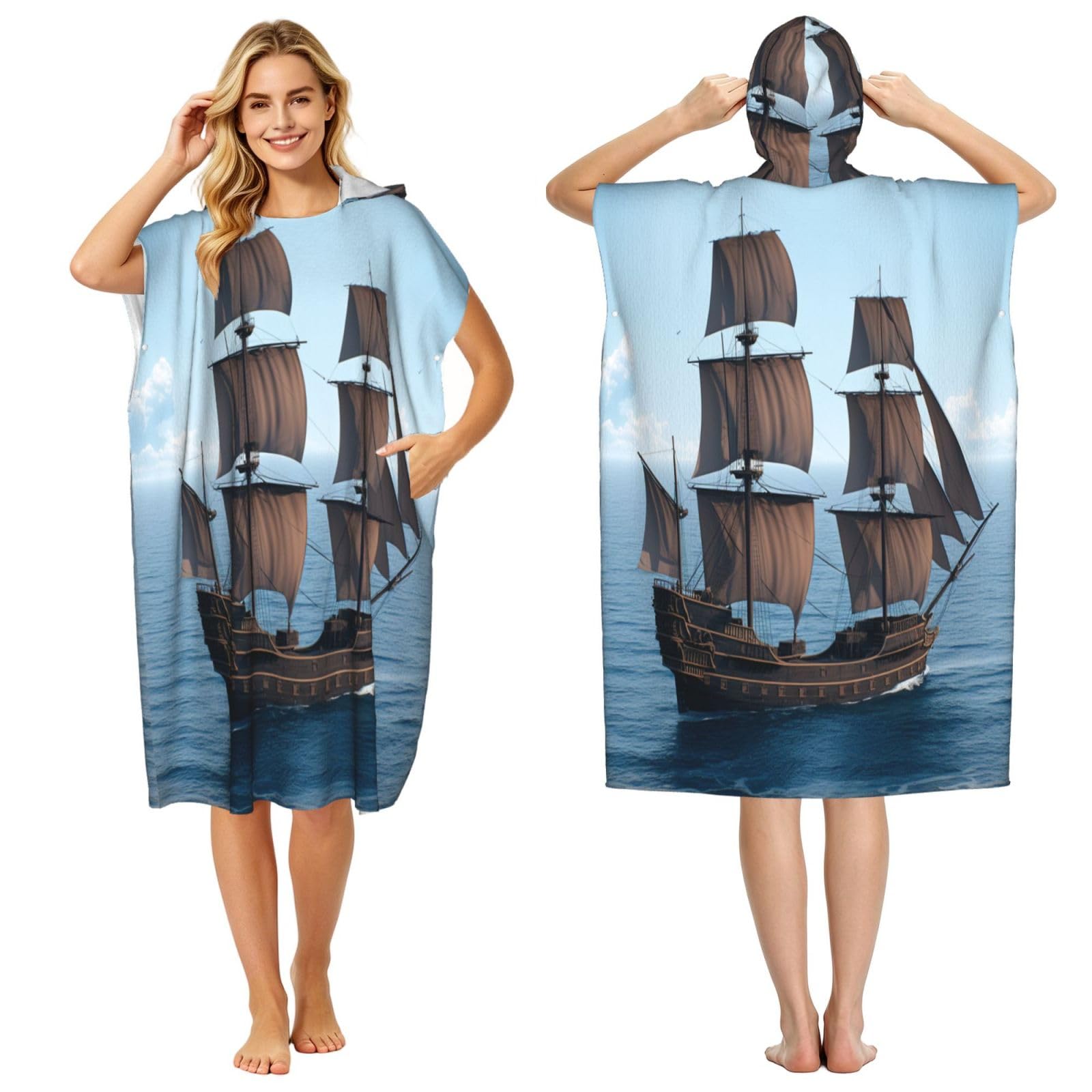 KLGRTJHK Sailing Boats In The Ocean Adult Hooded Beach Poncho Towel 43"X35"