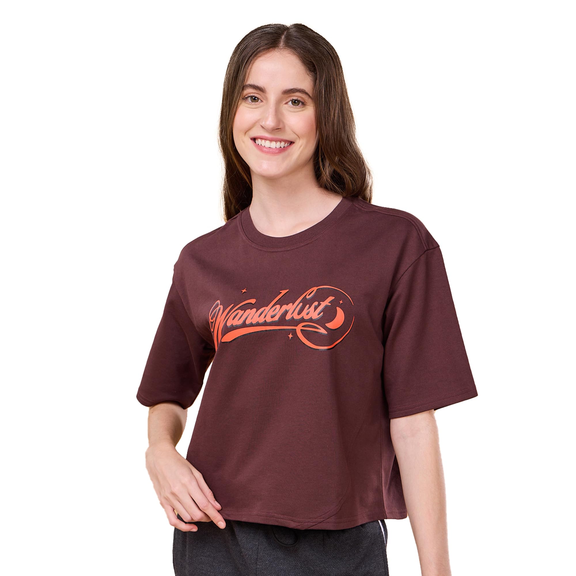 Short Sleeve Round Neck Crop Length Pull On Cotton Boxy T-Shirt - Typographic Print, Oversized Fit - E3G4-image-12