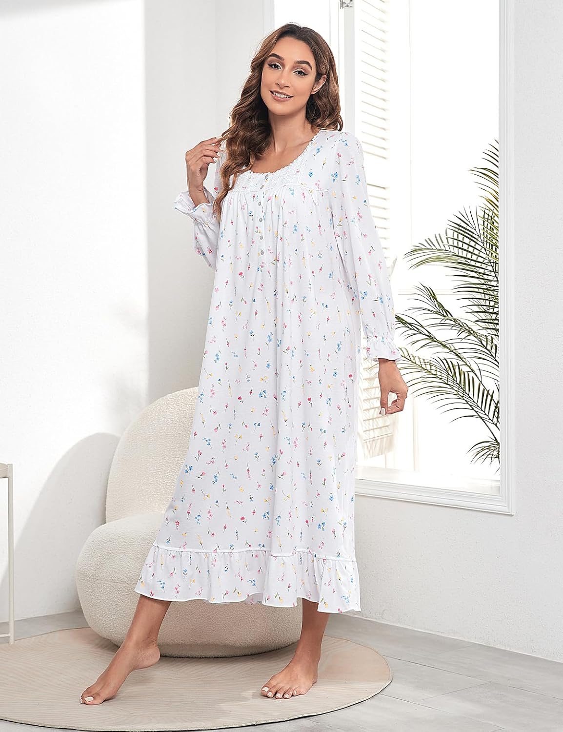MZROCR Cotton Nightgowns For Women Long Sleeve Night Gowns Soft Women's Sleepwear Loungewear for Women Ladies Nightgowns - Image 5