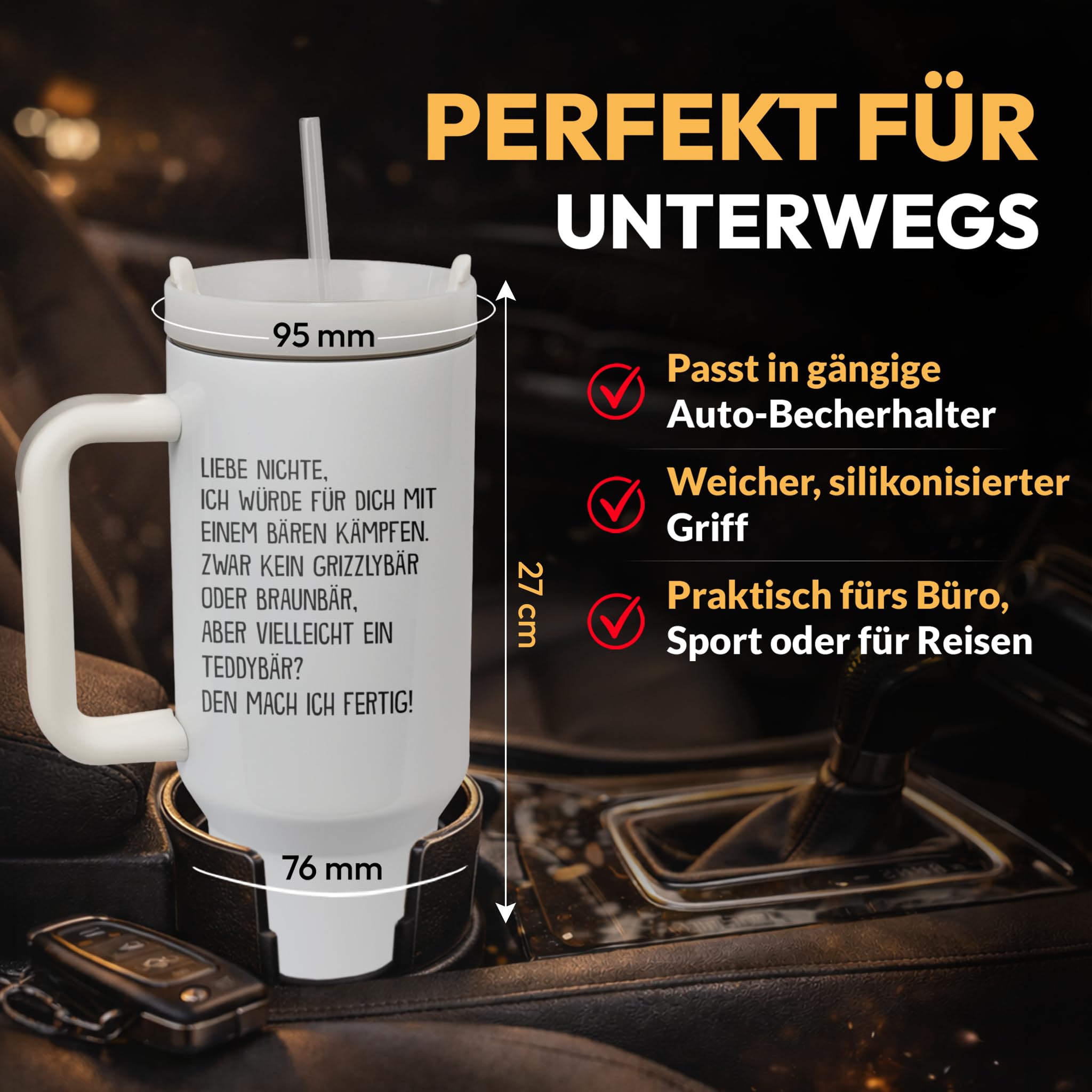 XXL Thermobecher für Nichte – Geschenk zum Geburtstag & Weihnachten – Edelstahl Trinkflasche, Weiß mit lustigem Bären Spruch (WIEDERVERWENDBAR)