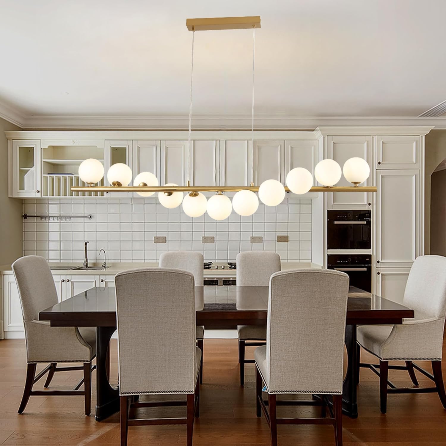 Glass Globe Chandelier,11-Light Sputnik Linear Chandeliers with Milk White Glass Globe Bubble Pendant Light for Dining Room and Kitchen Island, Mid Century Light Fixture Over Table