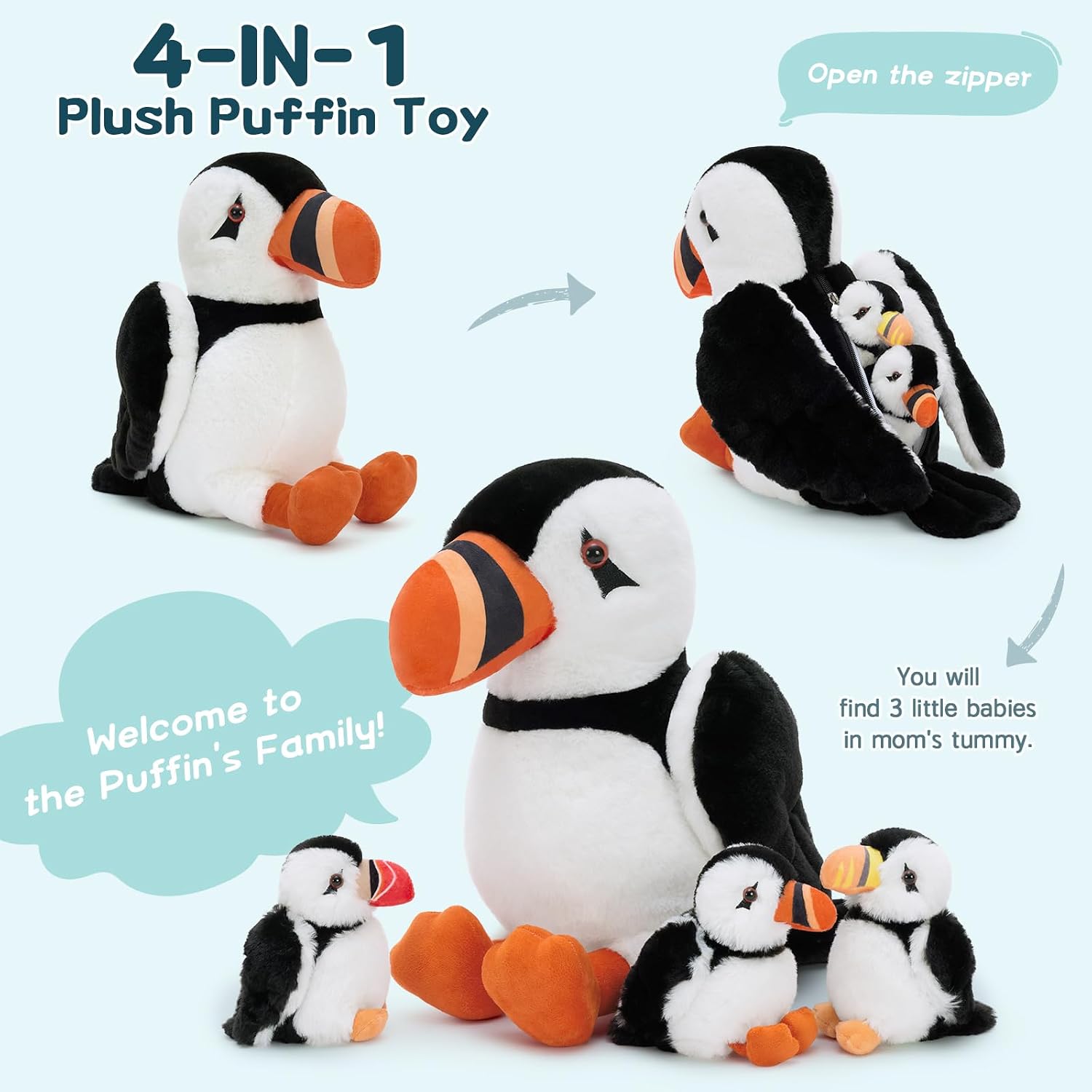 BENINY 13.7" Puffin Plush Toy with Back Zipper, Includes 3 Adorable Baby Puffin Stuffed Inside - Soft & Safe Stuffed Animal for Kids, Perfect for Bedtime Companion, Gift, or Room Decor