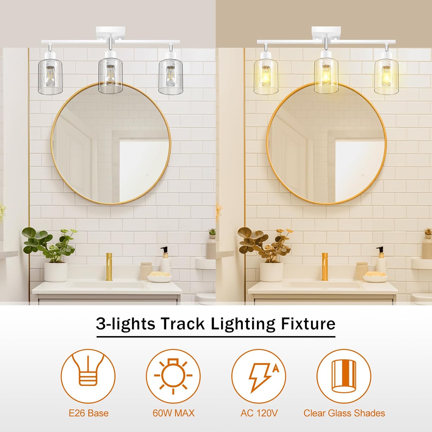 Track Lighting Kit, Track Lighting Fixtures Ceiling Kitchen, 23" White 3-Light Ceiling Spotlight with Clear Glass Shade, Rotatable Track Head, White Wall Lamp for Island, Vanity(E26 Base, No Bulb)
