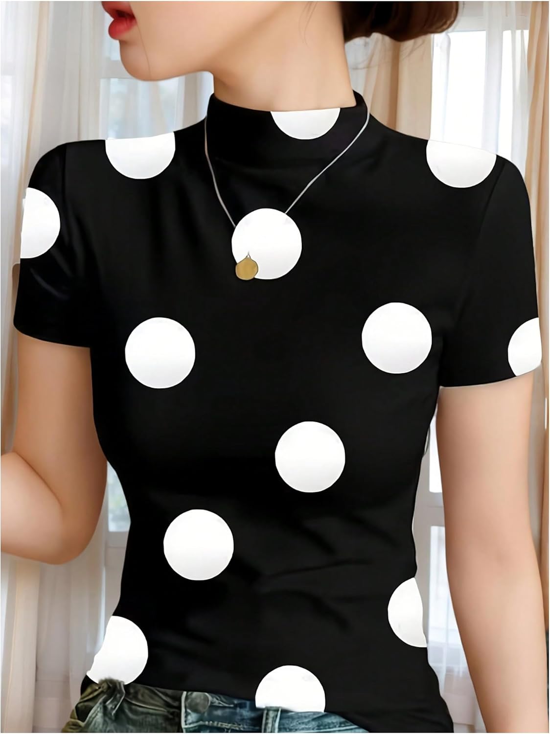 SHENHE Women's Mock Neck Short Sleeve Tee Shirt Polka Dots Slim Fitted Stretch Going Out Top - Image 2