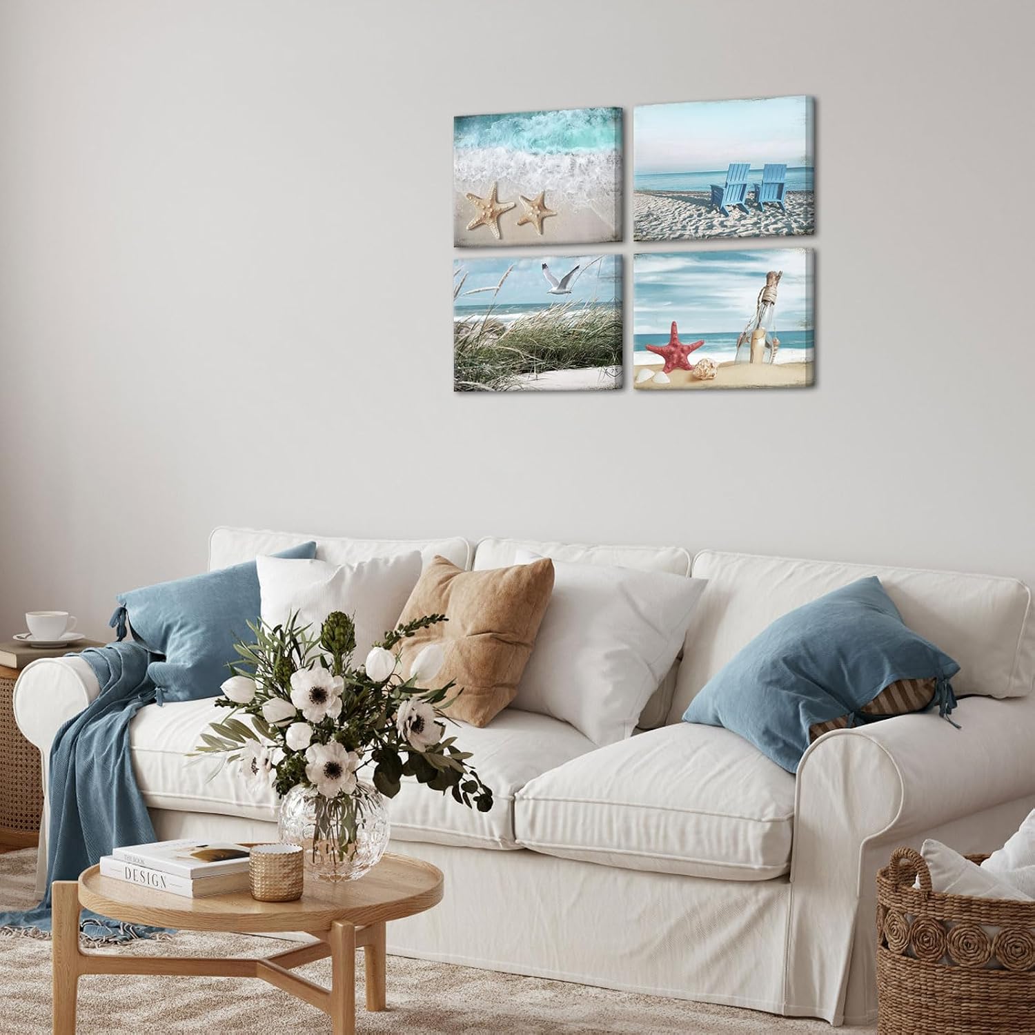 VANSEEING 4 Pieces Coastal Wall Art Canvas Prints for Bathroom Decor Tropical Ocean Seascape Starfish Seashell Beach Pictures Wall Decor for Washroom Kitchen Living Room Bedroom Office 12"x16"x4