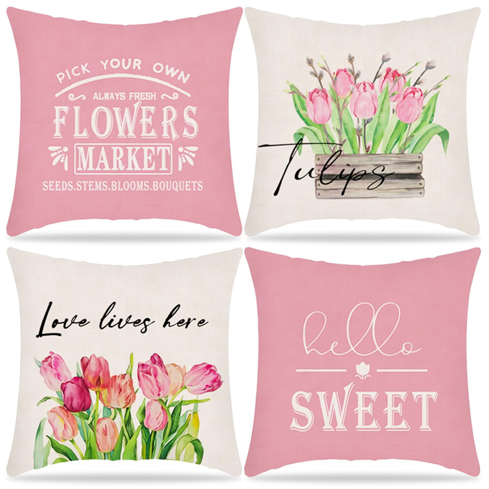 DAZZTIME Fundas de Cojín,4 Piezas Fundas Cojines Flores 45x45,Fundas de Cojines Modernas,Cojines Impermeables Exterior,diseño Veraniego de Tulipanes,para Sofá, Oficina, Coche,Decoración del Hogar