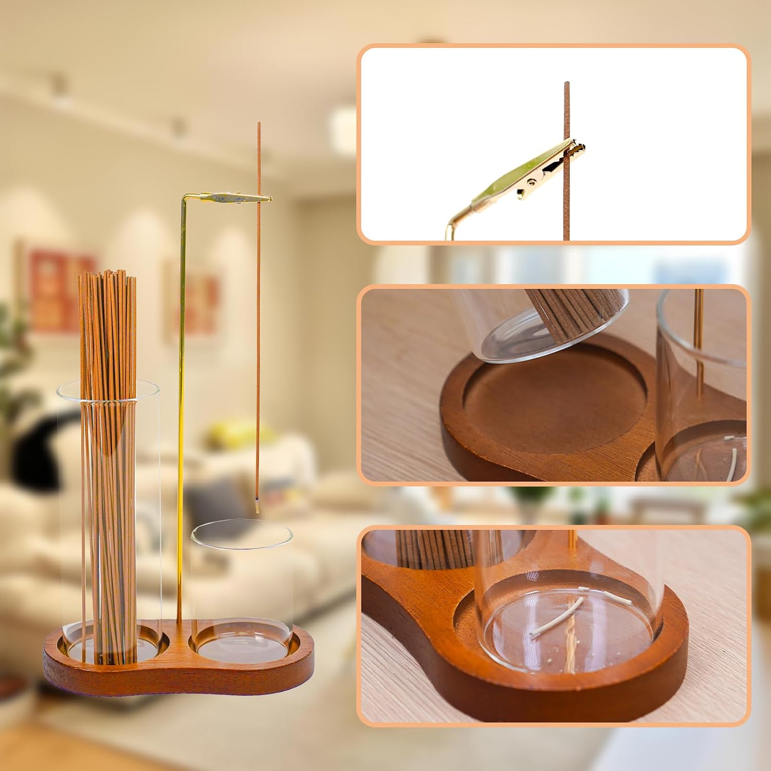Modern 2-in-1 Incense Holder with Glass Ash Catcher, Featuring a Wood Tray, Metal Rod & 2 Glass Cups for Organized Burning. Perfect for a Clean Desk, Zen Meditation, Yoga and Home Decor
