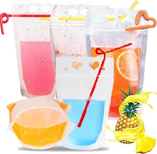 20 Pack Reusable Clear Drink Pouches with Straws, Portable Stand Up Drink Bags 500 ML Juice Bags Beverage Bags for Festivals Party Picnic Travel Camping Beach