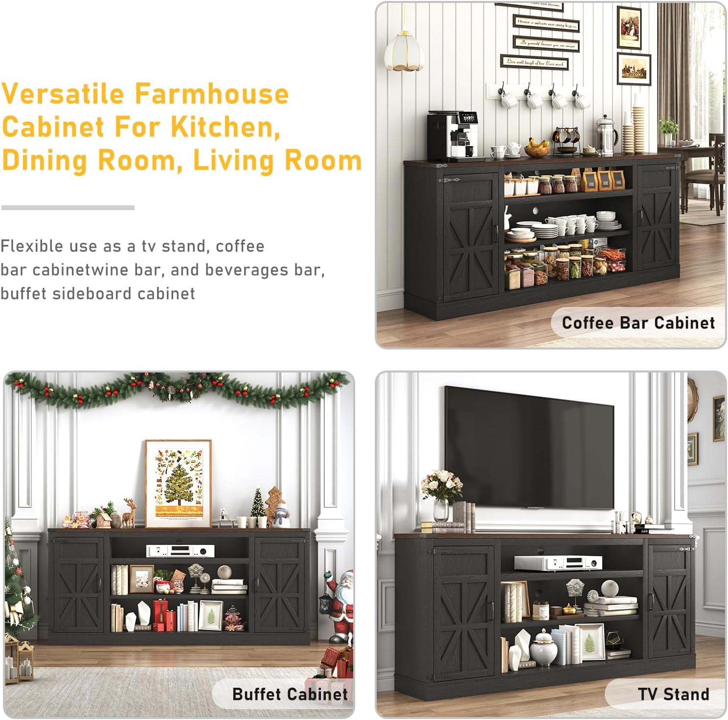 75" Farmhouse TV Stand with Power Outlets for 85 Inch TVs, 33" Tall Entertainment Center with Storage Cabinets w/Adjustable Shelves, Rustic Large TV Media Console, Black