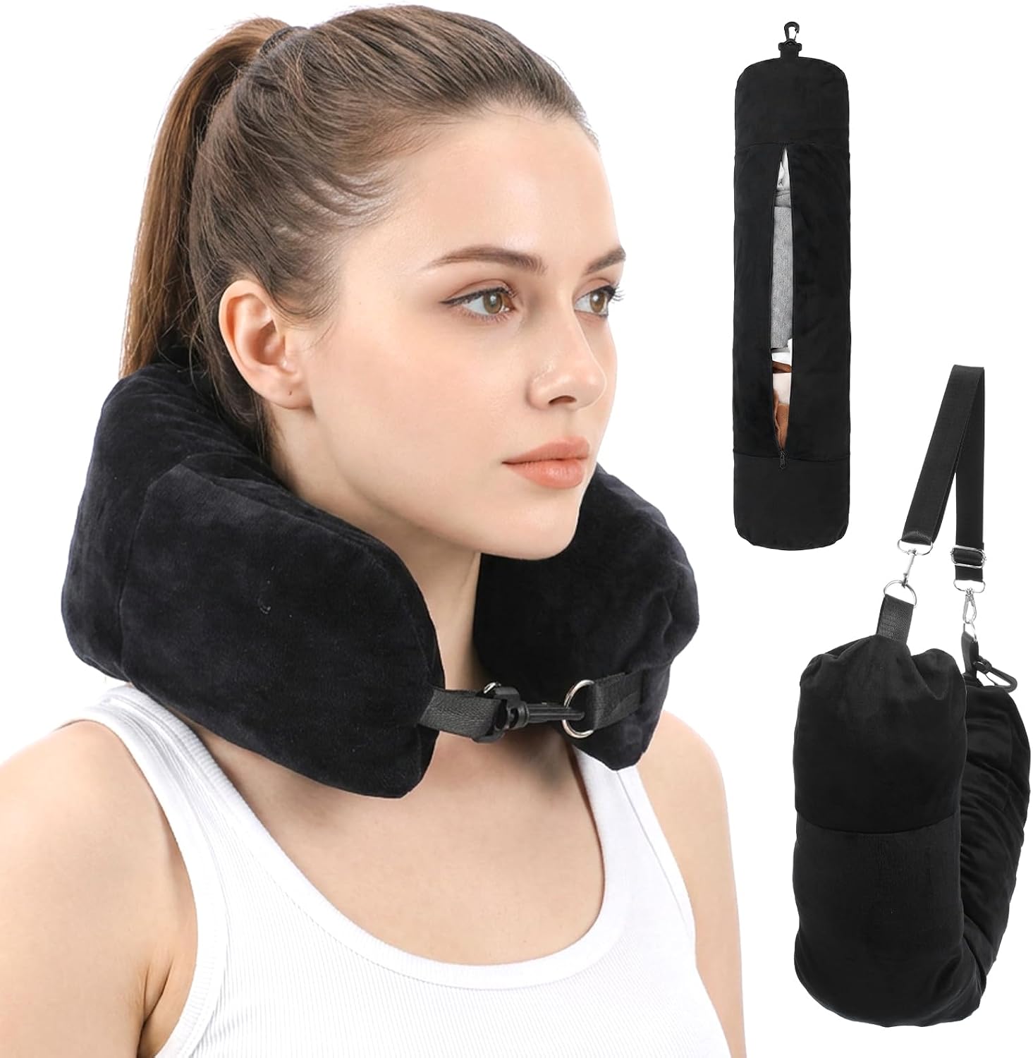 Storage Pillow for Travel Stuffable Neck Fillable Airplane Clothes Soft Plush Long Flight Support No Filler Sleeping Black Adjustable Packable Compressible