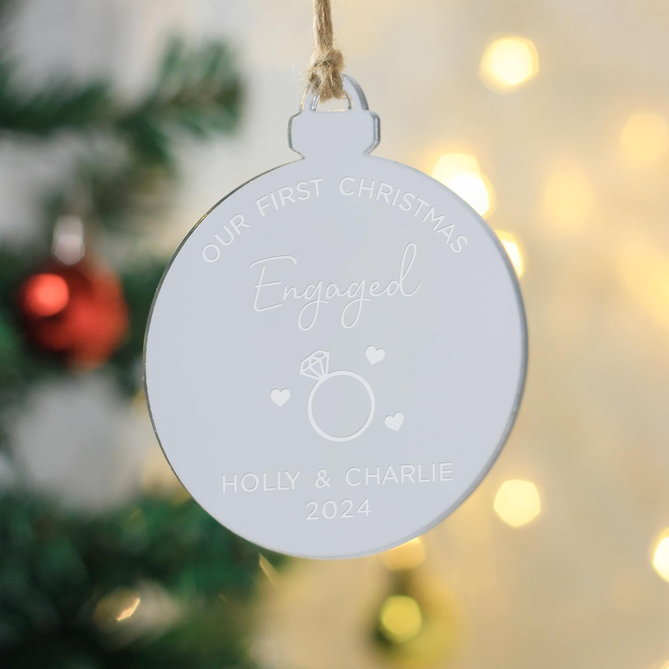Ebuygb Silver Personalised First Christmas Engaged Bauble, Keepsake Christmas Decoration, Gift For Couples, Engagement Gift, Acrylic Xmas Tree Decoration (Silver)
