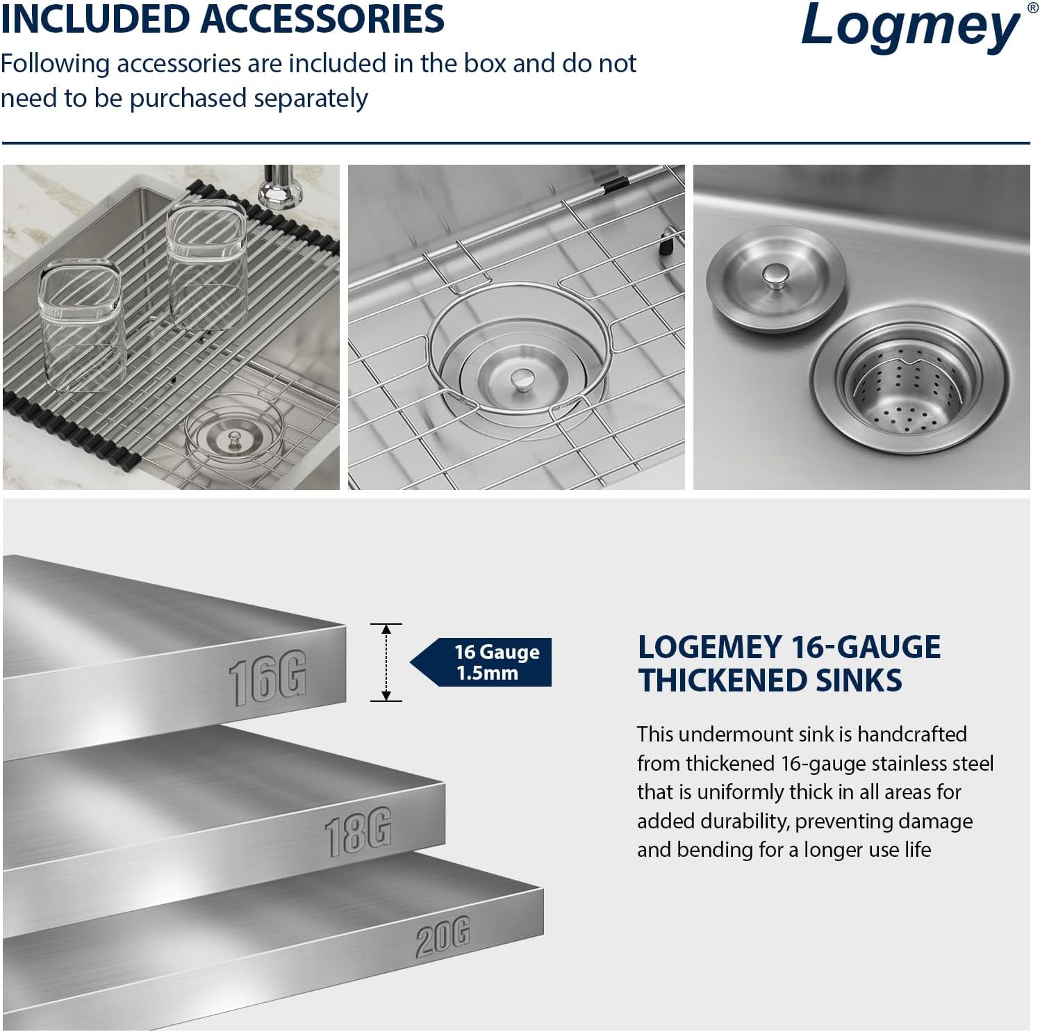 Logmey 32 Inch Stainless Steel Undermount Double Sink - 60/40 Bowl, 32x18x9 Inches, 16 Gauge