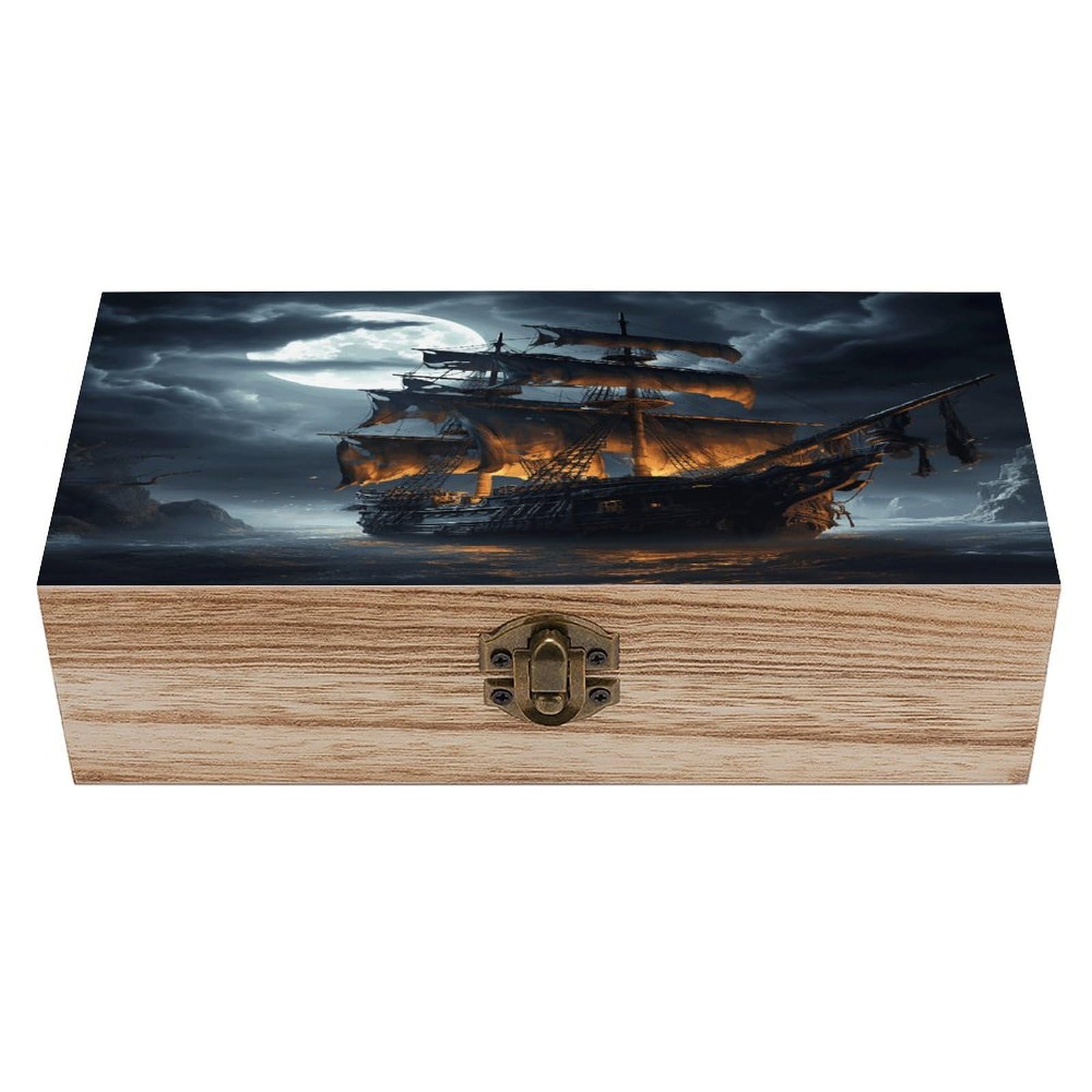 VstaDank Pirate Sailboat Full Moon Wooden Storage Box with Hinged Lid Natural Wooden Box Beautifully Keepsake Boxes Vintage Wood Boxes Jewelry Organizer Trinket Storage Chest Unique Gift
