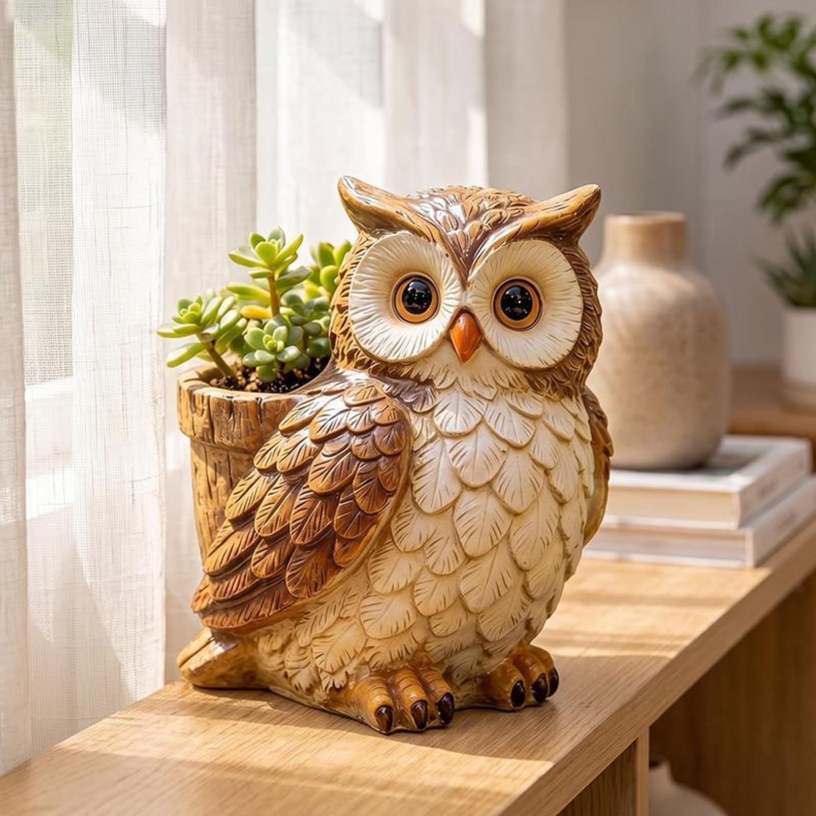 Owl Plant Pot with Drainage Hole, Resin Small Planter for Indoor Plants