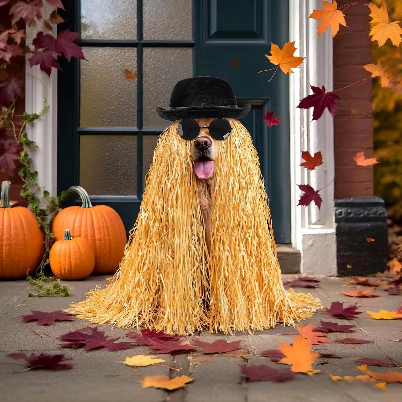 MOVINPE Halloween Long Hair Costume Set with Bowler Hat for Adults, Round Sunglasses, Grass Skirt Layerable, White Gloves & Ruby Ring– Funny Cousin Cosplay Outfit for Parties Pet Dress-Up