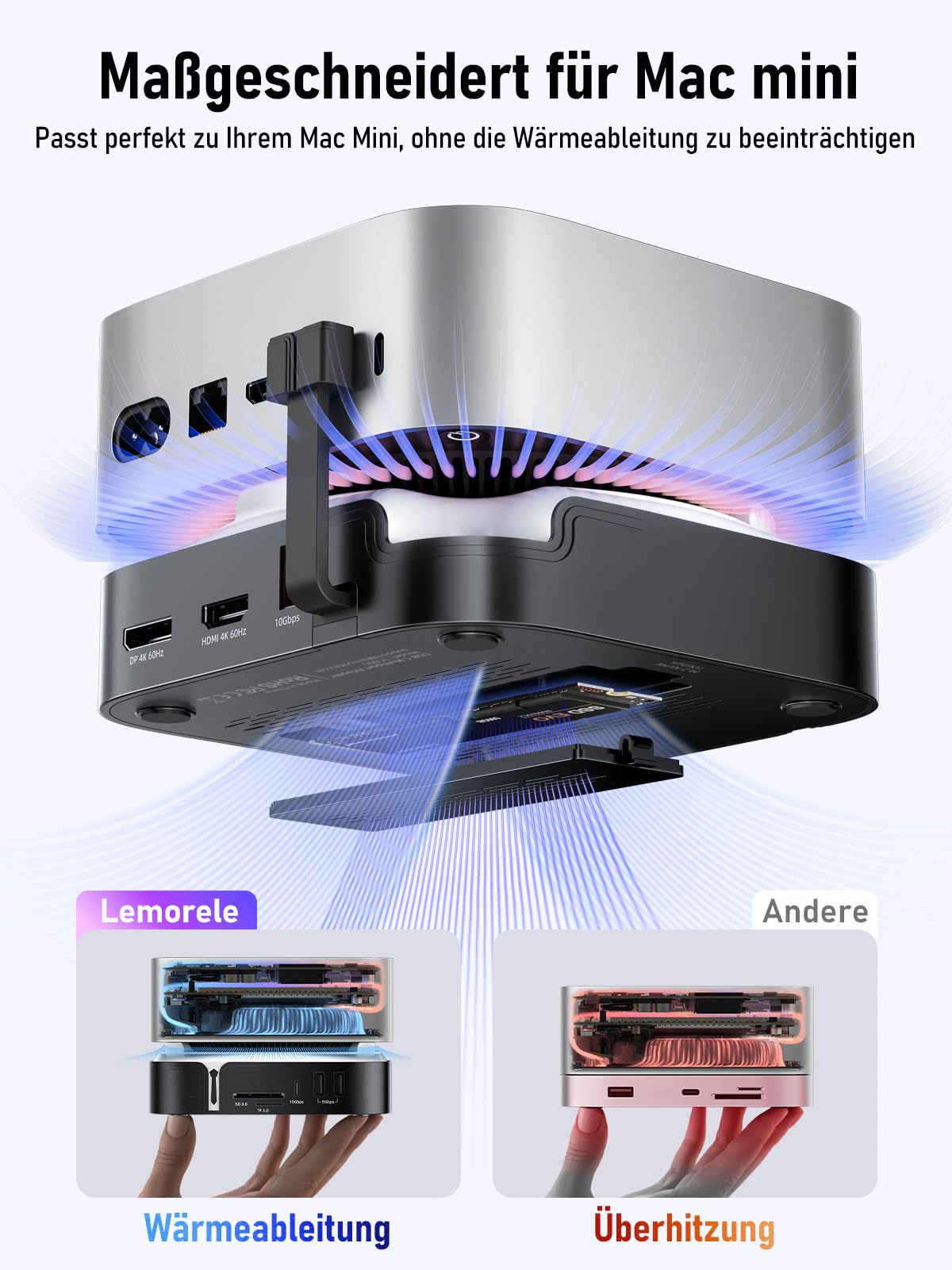 Lemorele Mac mini M4 Dock con DisplayPort 4K@60Hz per configurazioni a doppio monitor, 4 porte USB 3.2/3.0, slot SSD M.2 NVMe a 10Gbps, lettore di schede SD/TF con Mac mini M4/M4 Pro
