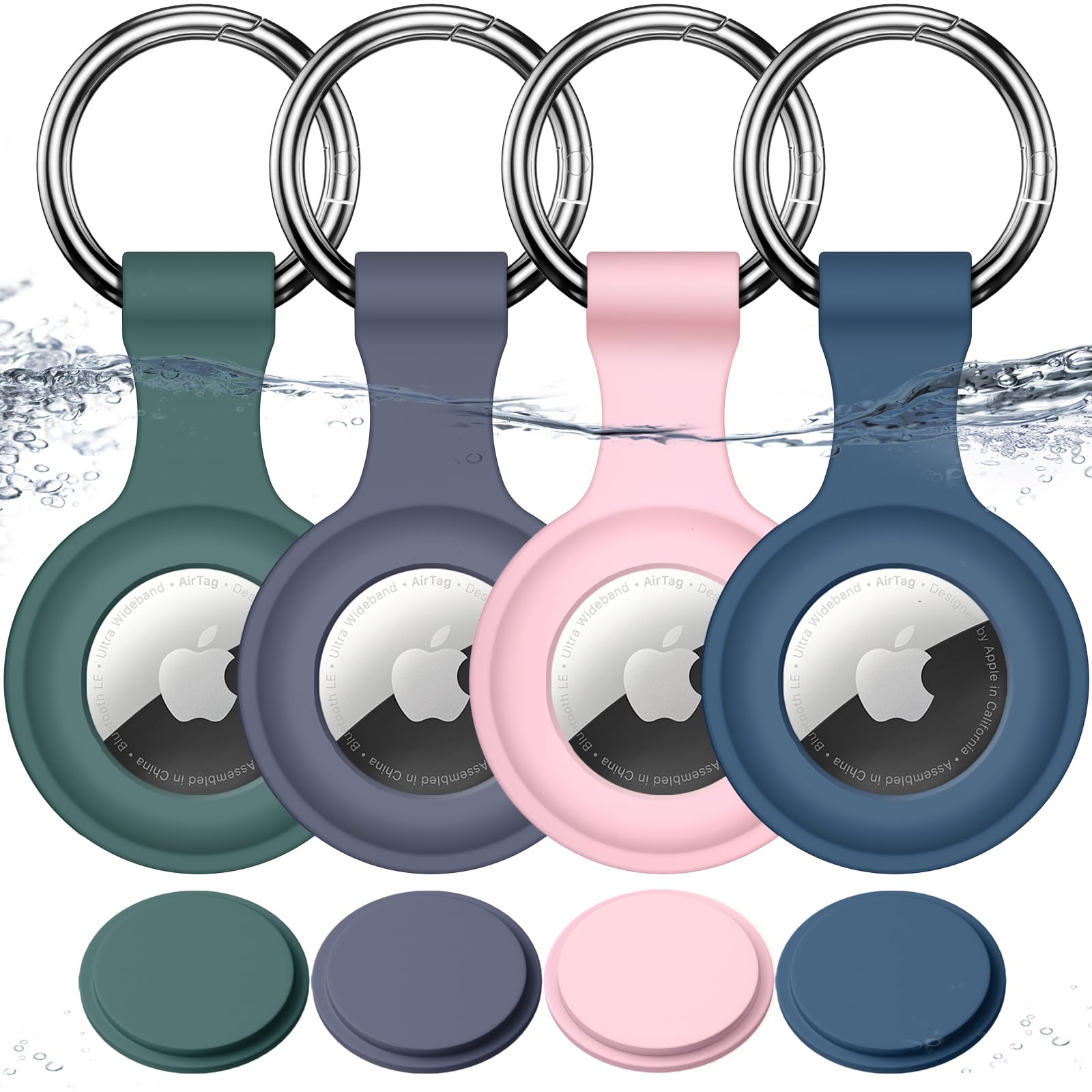 Joremx Wasserdicht Hülle für Apple AirTag Schlüsselanhänger, Silikon für AirTag Anhänger für Schlüssel/Koffer/Hundehalsband/Kinder, 4er Set (N Blue + Grey + P Green + Pink)
