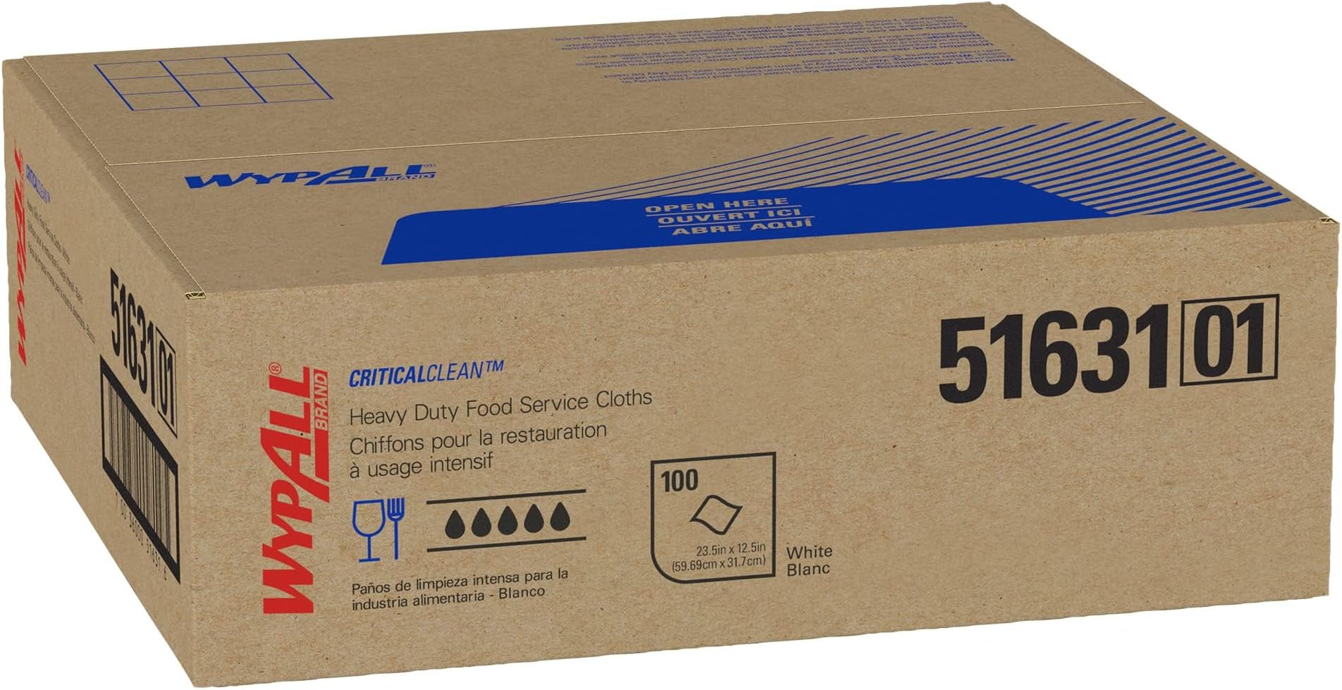 WypAll Heavy Duty Foodservice Extended Use Reusable Cloths (51631), Quarterfold, White Cloths, 1 Box, 100 Sheets