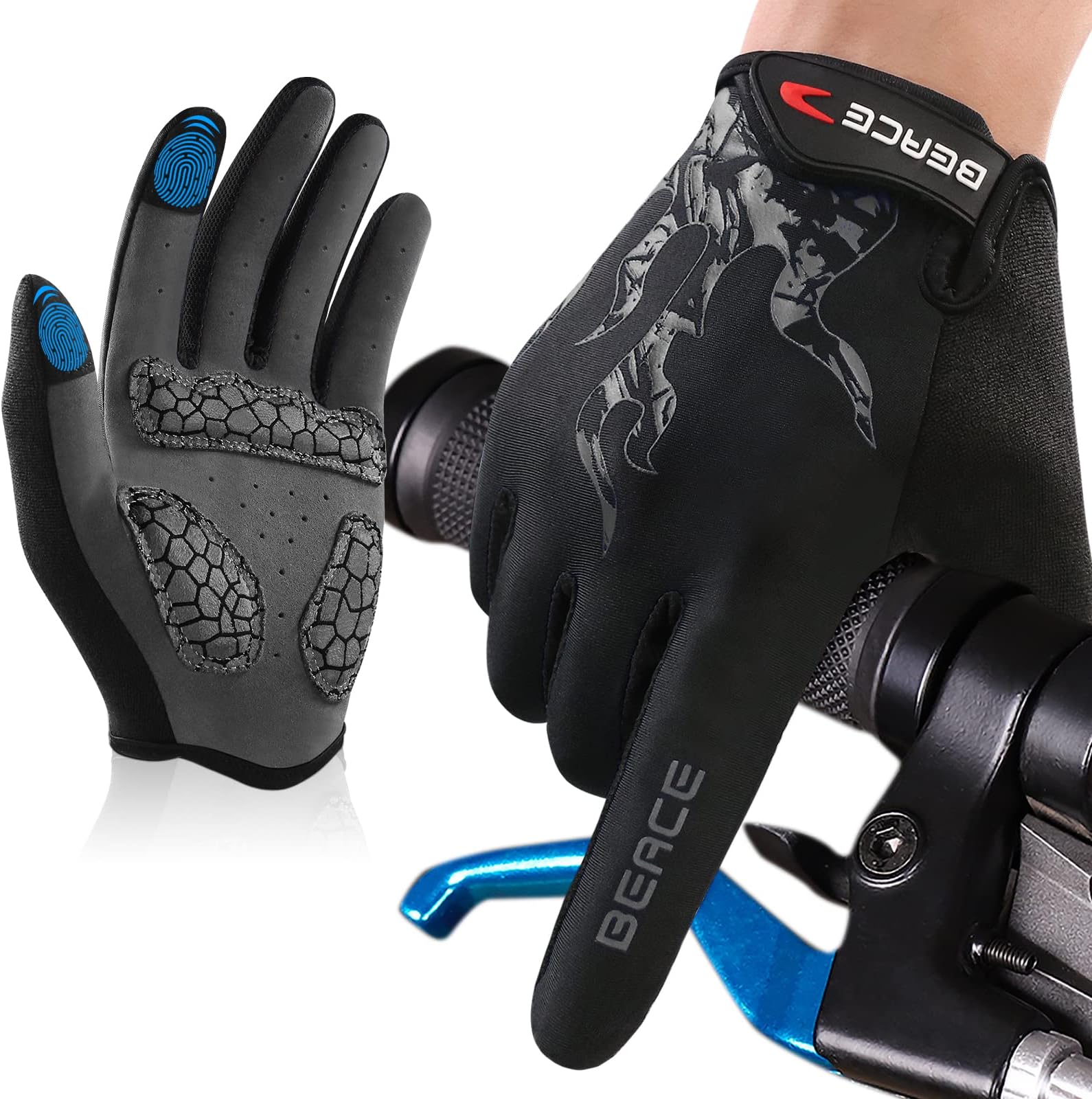 BEACE Cycling Gloves for Men Women - Full Finger Mountain Bike Gloves With Touch Screen and Anti-Slip Silicone Palm - Workout and Road Bicycle Gloves