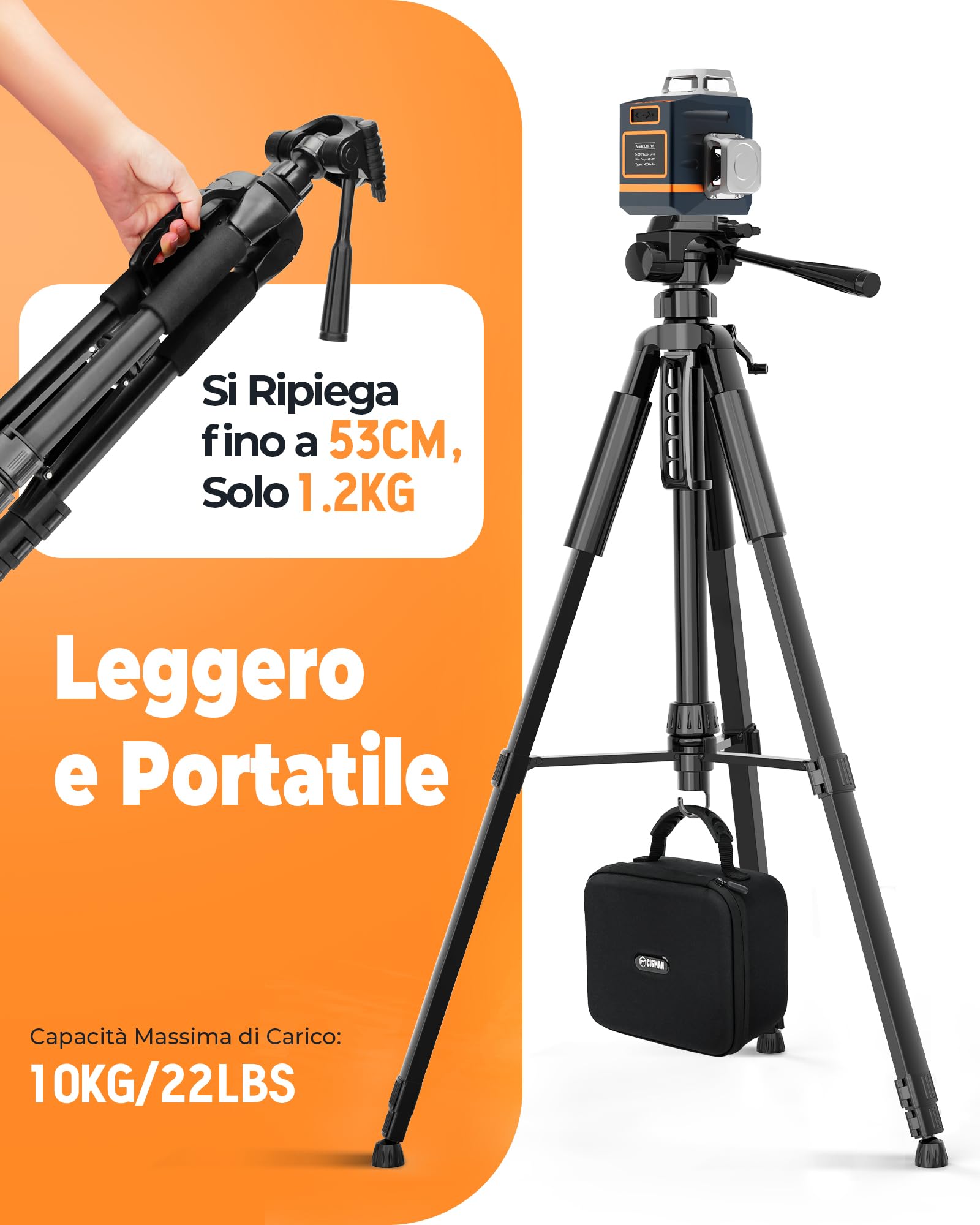 CIGMAN Treppiede 1,5 m Treppiede in alluminio per livella laser, con livella a bolla, con filettatura maschio da 5/8 "-11 e adattatore per vite da 1/4" -20, Borsa per il trasporto inclusa - CTP01