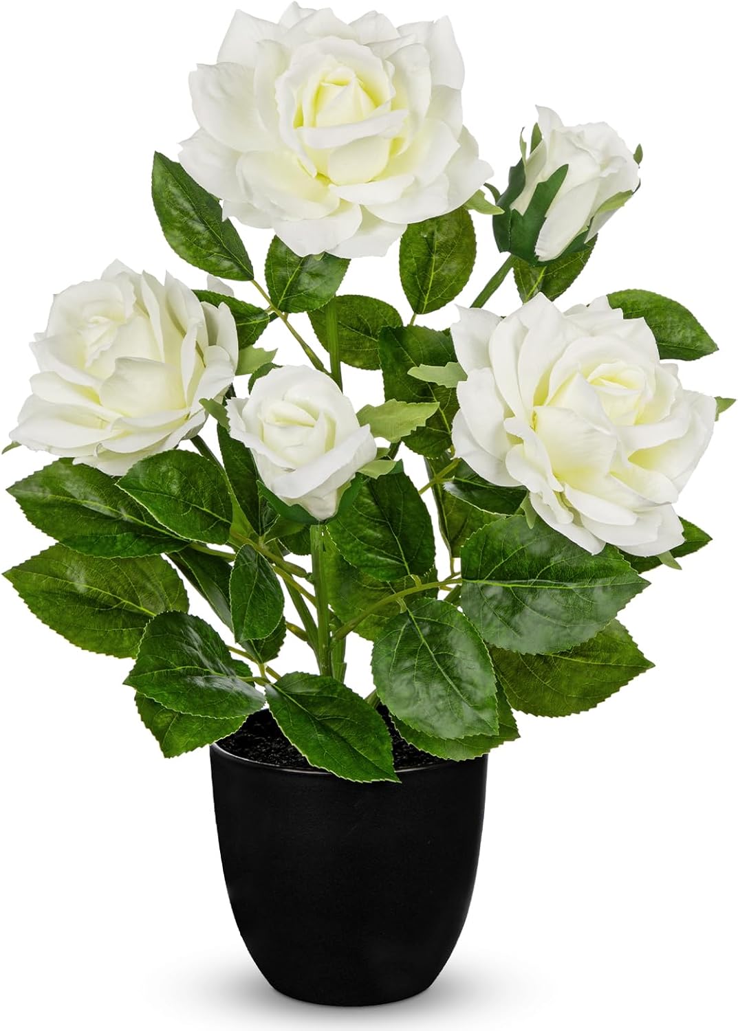 16.5" Roses Artificial Flowers in Pot, White Fake Rose Flowers Arrangement with 3 Blooms 2 Buds, Decorative Potted Floral Centerpieces for Home Table Office Desk Kitchen Counter Farmhouse Decor