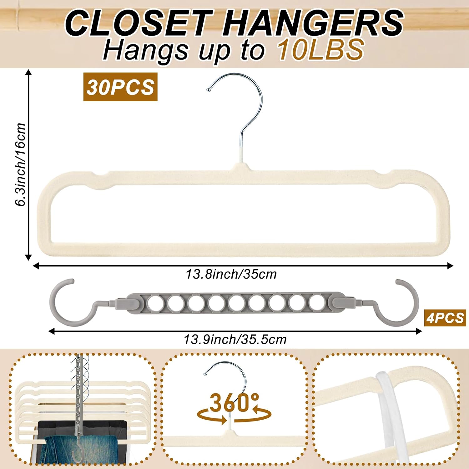 Velvet Pants Hangers Non Slip, 30 Pack Velvet Hangers for Closet with Porous Hooks, Strong Durable Space Saving Slim Clothes Hanger, Ultra Soft Flocked Hanger for Pants/Shirts/Bra/Shorts (Cream)