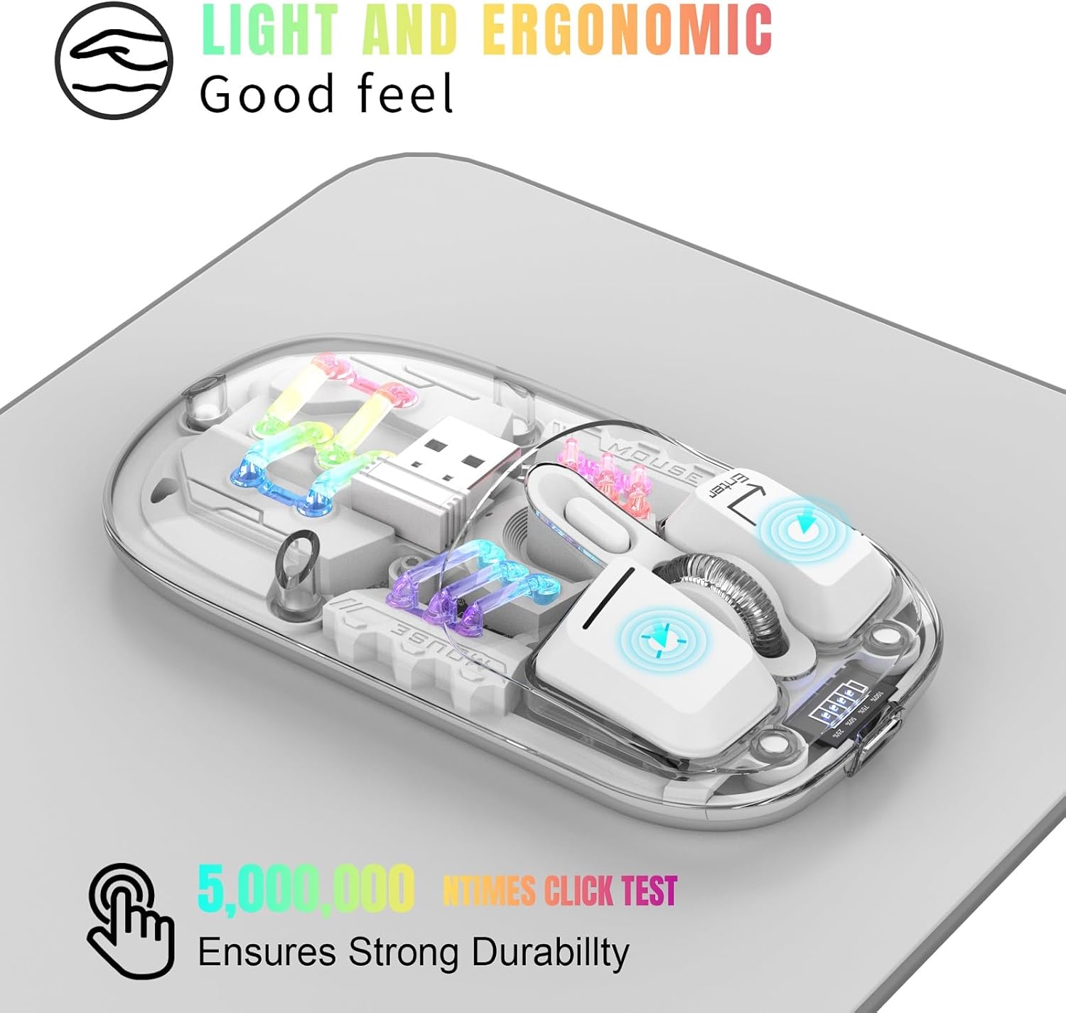 Image showing the transparent design of the mouse with internal RGB lighting, highlighting its ergonomic shape and durability.