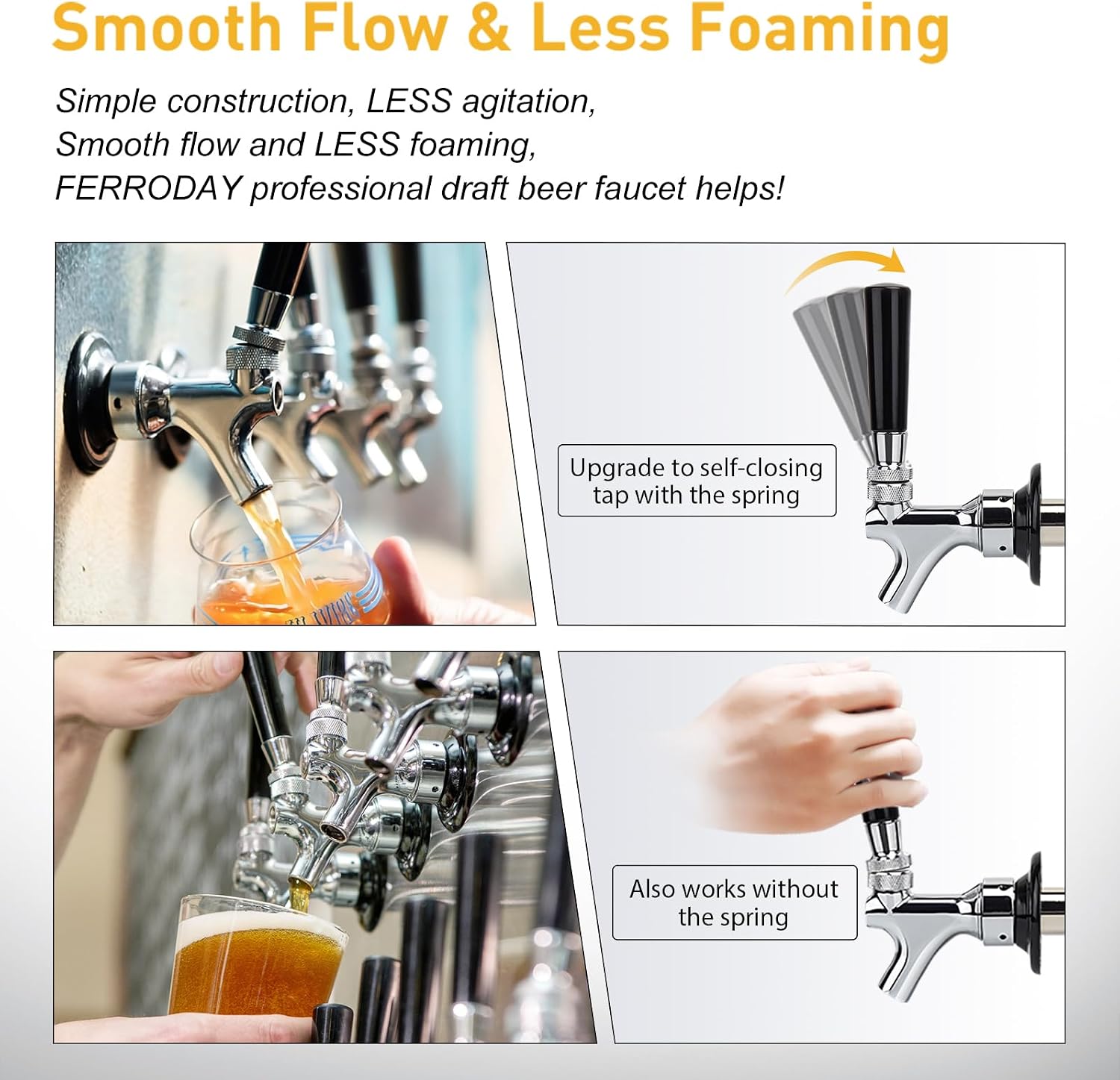 FERRODAY New 3-1/8 inch Shank, Stainless Steel Core Draft Beer Faucet, Chrome Plated Beer Tap, No-Rust No-Leak Beer Tap Faucet, 1/4 Barb Keg Tap Faucet Kegerator Faucet Parts for Homebrew