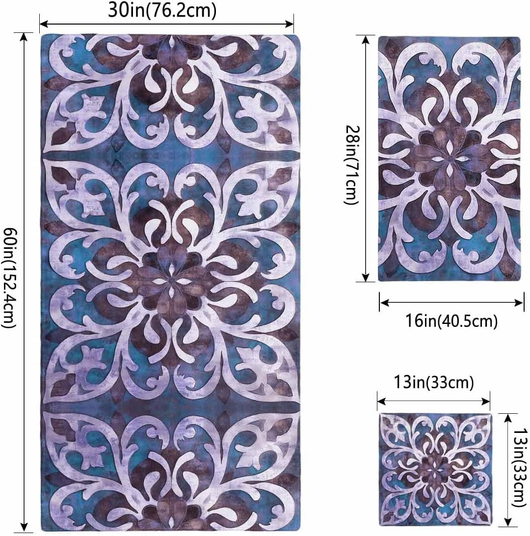 Blue Purple Ethnic 3 Piece Bath Towels Set, Rustic Boho Flowers Impressionist Soft & Absorbent Towels for Bathroom, Hotel (1 Bath Towel 30x60, 1 Hand Towel 16x28, 1 Washcloth 13x13)