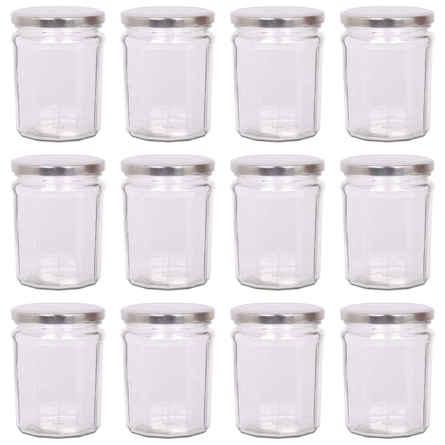 Argon Tableware Silver Lid Glass Jam Jars With Airtight S - 380Ml - Pack Of 12 - Empty Screw Top Kitchen Storage Jar For Food, Honey, Spice, Pickling, Preserving, Candle Making
