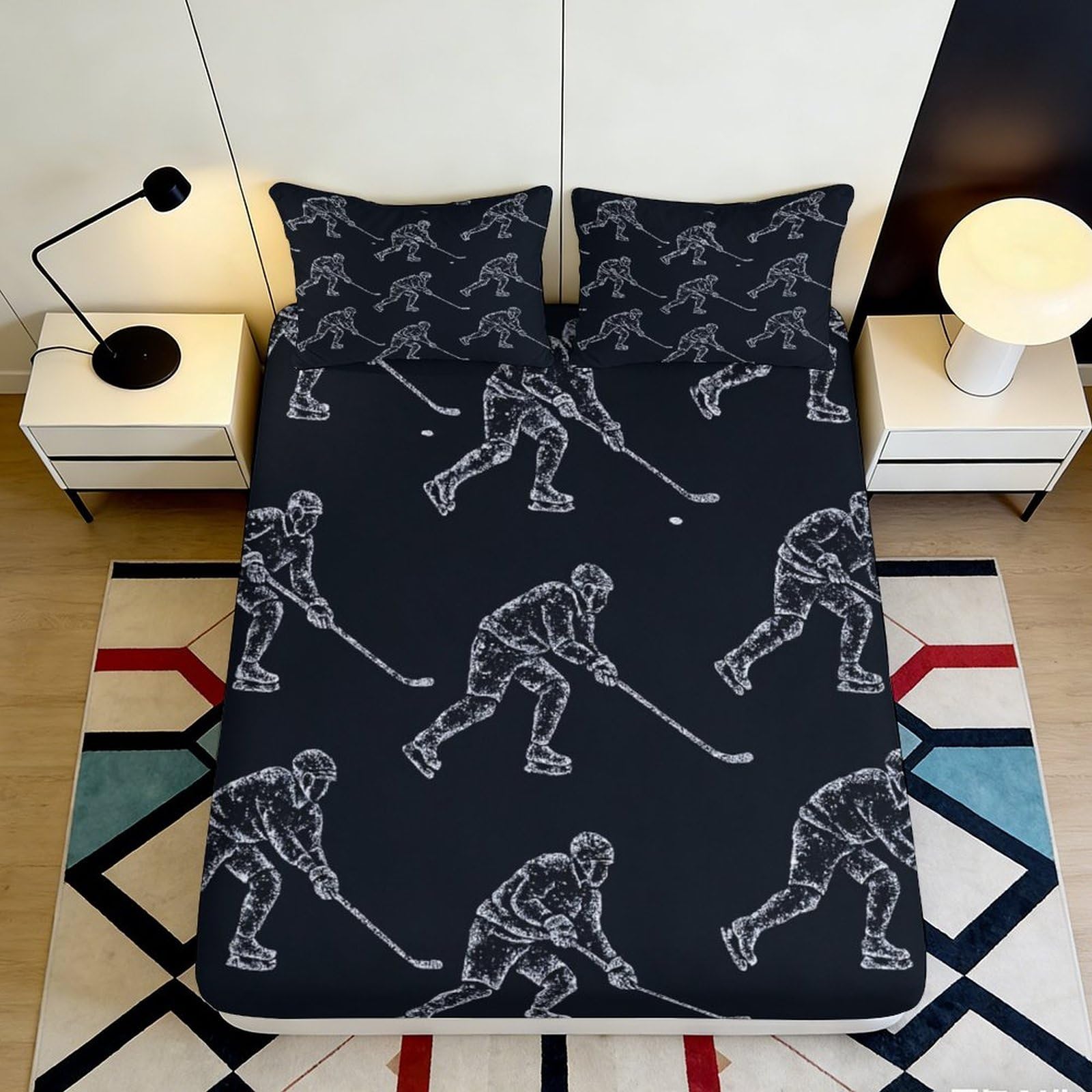 3D Printed Hockey Fitted Sheet Microfiber Deep Pocket Non-Slip Hockey Mattress Fitted Cover for Adults Teens Bedroom 200x200x25cm 90x200x25cm