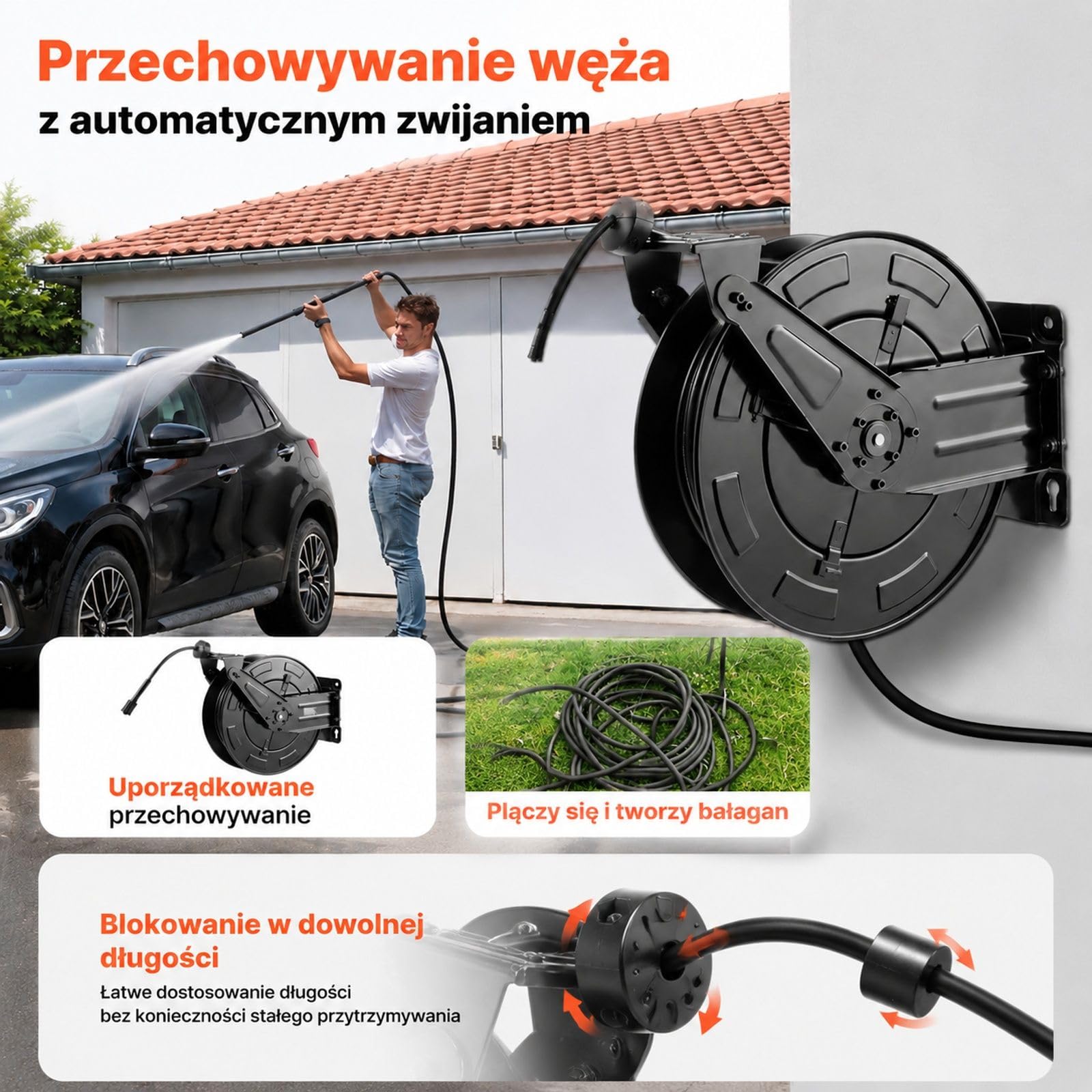 Bęben na wąż do myjki ciśnieniowej, stalowa rama, automatyczne zwijanie, montaż ścienny lub podłogowy, pojemność 15,2 m, złącze 3/8 cala, dla auta i ogrodu