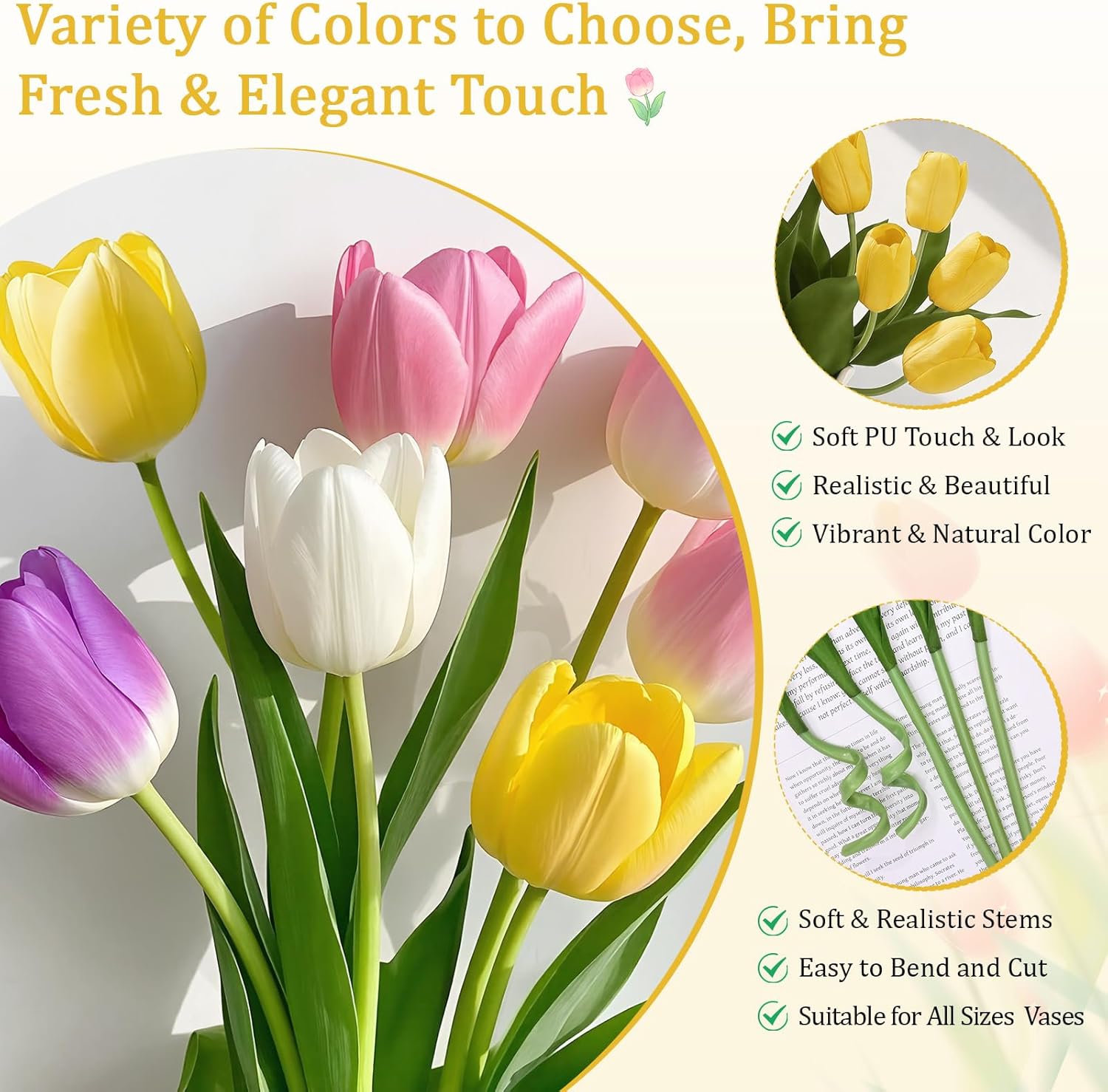 Livole 12 Pcs Yellow Tulips Artificial Flowers Real Touch Tulips Fake Faux Tulip Flower Bouquet for Arrangement Wedding Spring Home Decor Floral Party Centerpiece 14 Inch