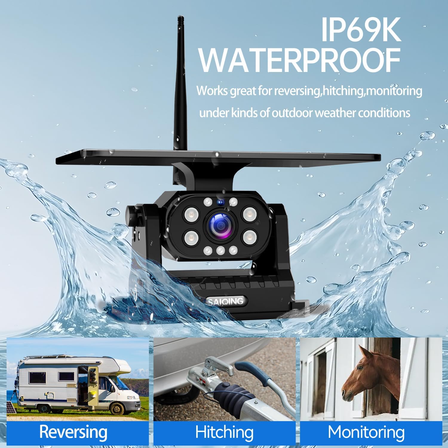 Image showing the camera being splashed with water, demonstrating its IP69K waterproof rating, with icons for reversing, hitching, and monitoring.