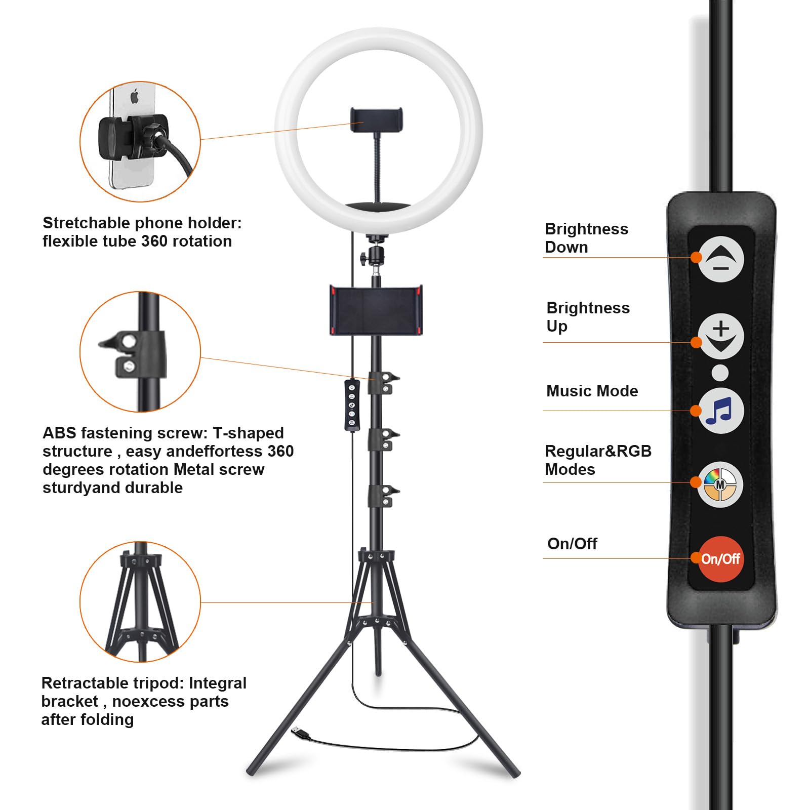 Anillo de luz para Selfie de 12 Pulgadas con Soporte de trípode de 75 Pulgadas y 2 Soportes para teléfono, Anillo de luz LED para cámara con 48 Modos de Color RGB y Modo de Ritmo de música y 12