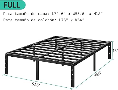 Miniatura 3 de Base de cama de plataforma de metal de 14 pulgadas de alto, no necesita somier, cama de tamaño completo con listones de soporte resistentes