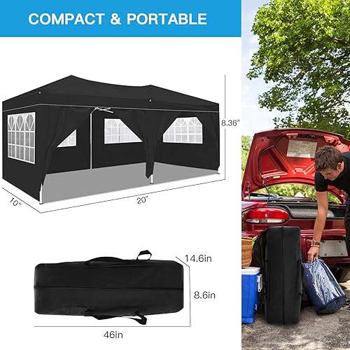 Vista 6 de Rovibek Toldo desplegable de 10 x 20 pulgadas, para fiestas, exteriores, terraza, playa, a prueba de agua, con 4 bolsas de arena, color negro