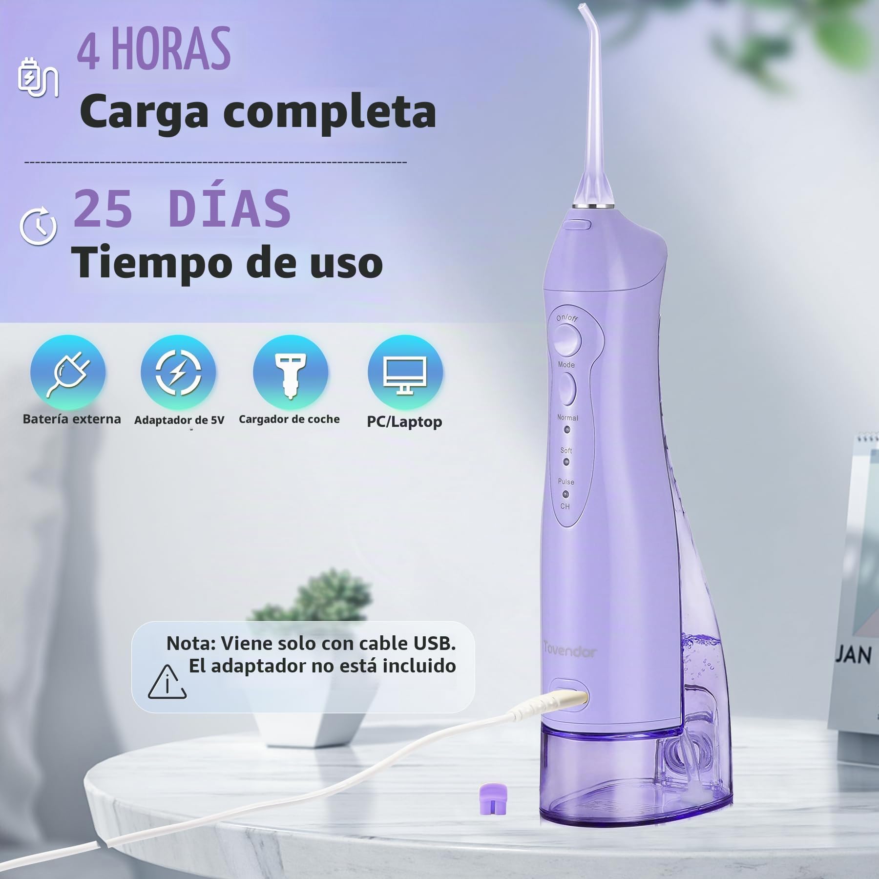 TOVENDOR Irrigador bucal eléctrico, irrigador bucal dental recargable inalámbrico IPX7, impermeable, 300 ml, limpiador de dientes de agua de viaje con 5 puntas para el cuidado de los frenos, limpieza